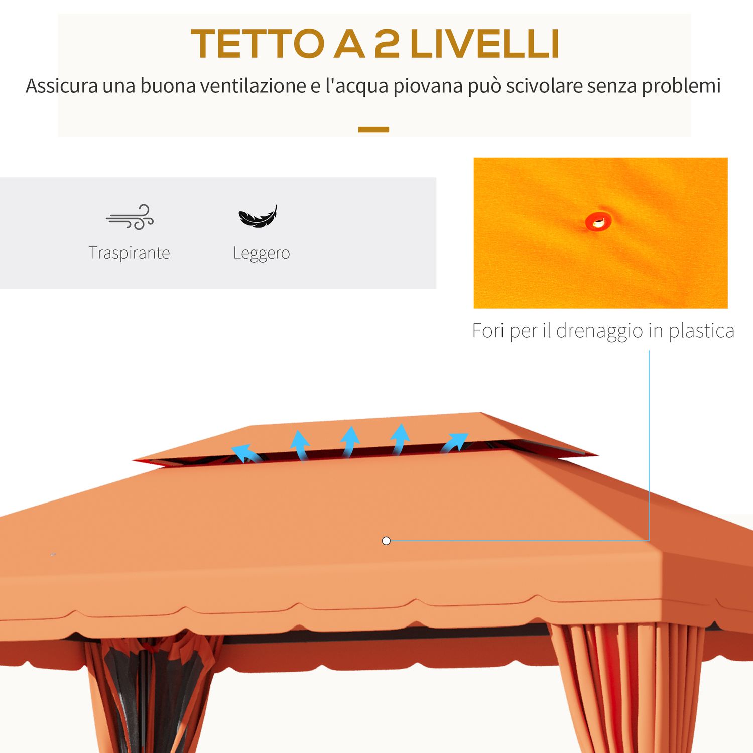 Gazebo da giardino 4x3m con doppio tetto e tende laterali, arancione - 