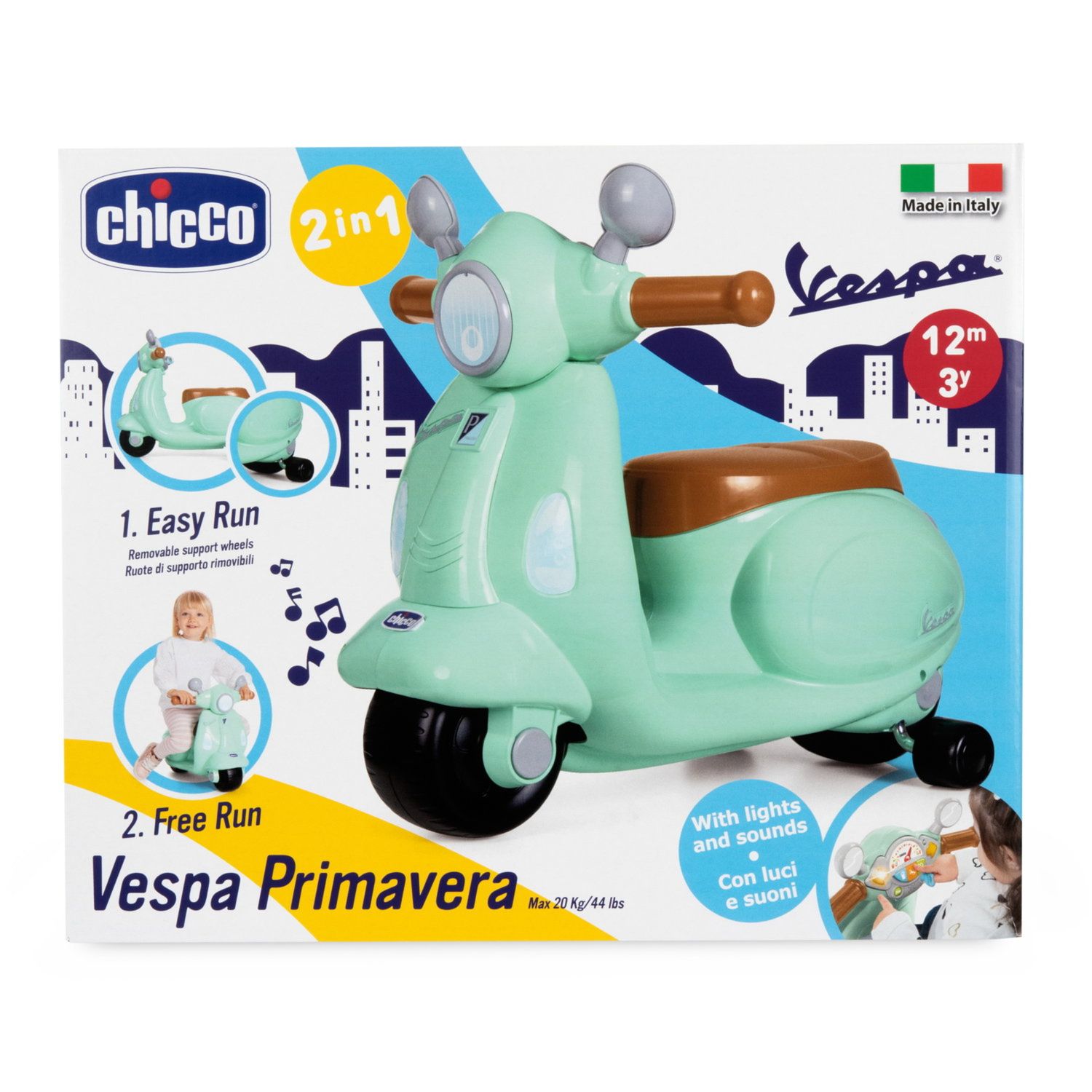 Chicco vespa primavera cavalcabile - moto giocattolo con luci, suoni, ruote rimovibili, max 25 kg - per bambini 1-3 anni, verde acqua - Chicco