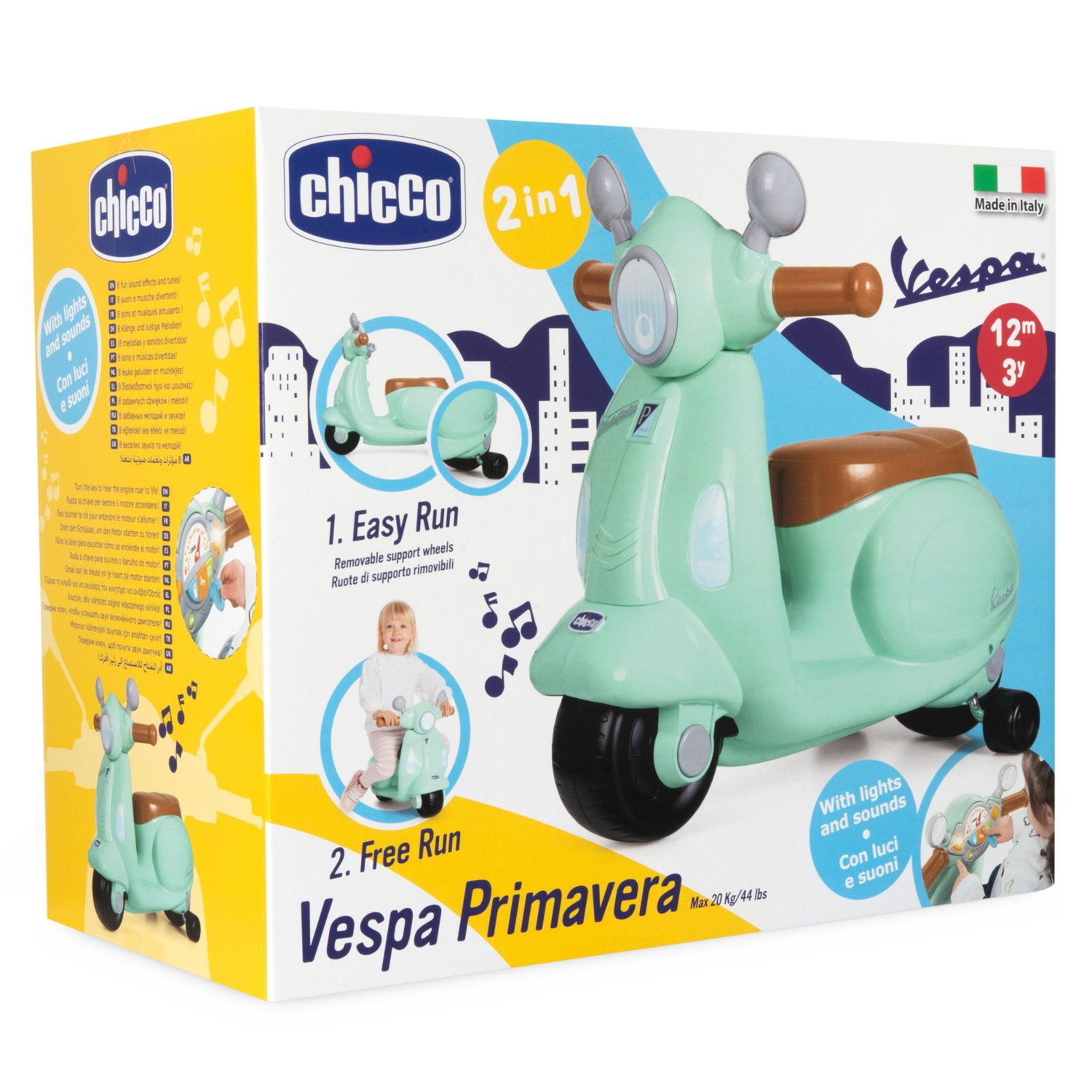 Chicco vespa primavera cavalcabile - moto giocattolo con luci, suoni, ruote rimovibili, max 25 kg - per bambini 1-3 anni, verde acqua - Chicco