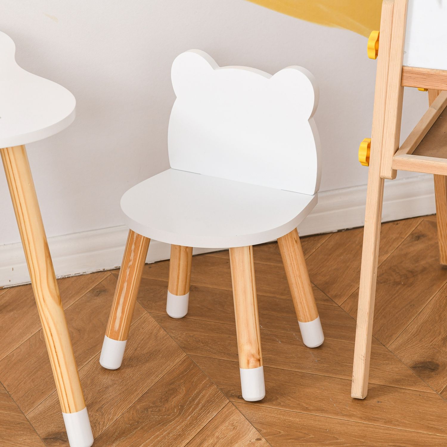 Set tavolino con 2 sedie per bambini a forma di orsetto in legno, bianco - 