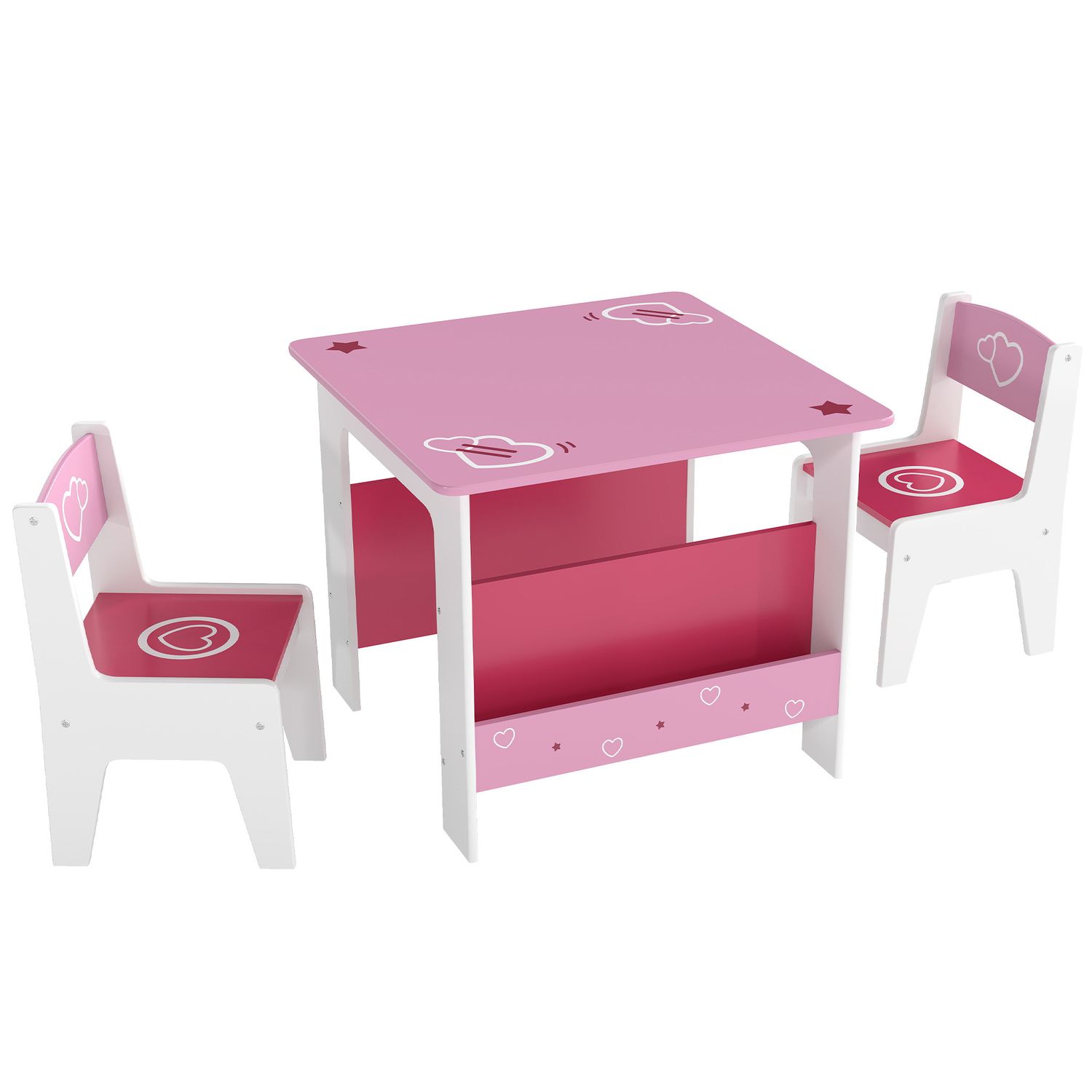 Set tavolo con 2 sedie per bambini 3-8 anni, tavolino con scaffale in legno mdf con disegni a cuori, rosa - 