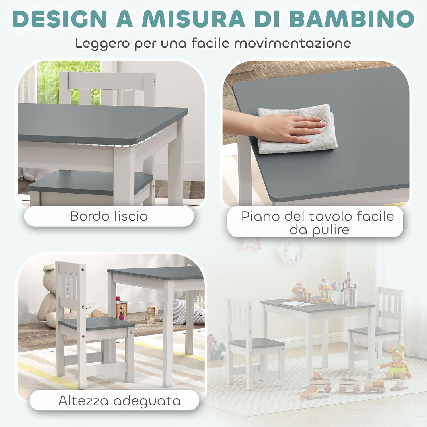 Set tavolo e sedie per bambini da 3-8 anni 3 pz in legno con bordi arrotondati, grigio e bianco - 