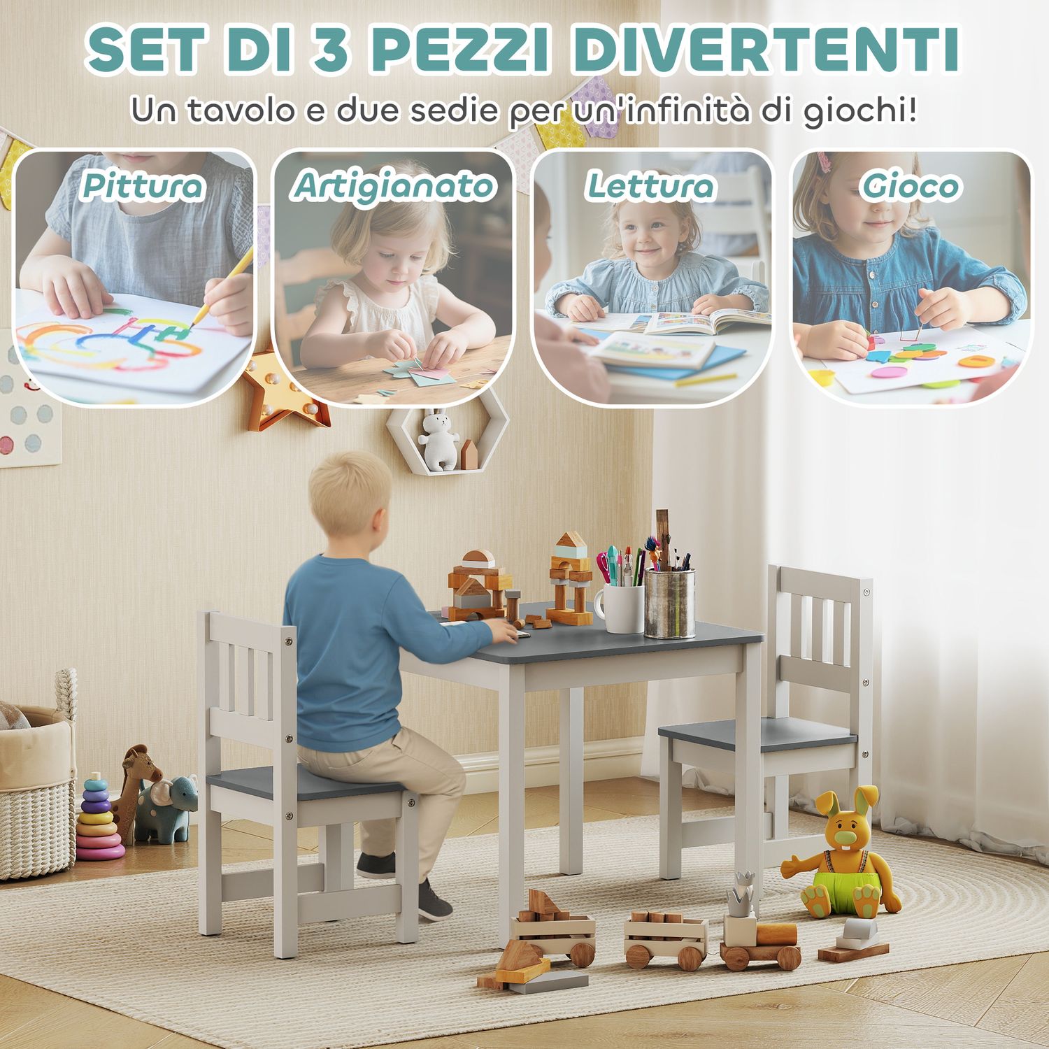 Set tavolo e sedie per bambini da 3-8 anni 3 pz in legno con bordi arrotondati, grigio e bianco - 