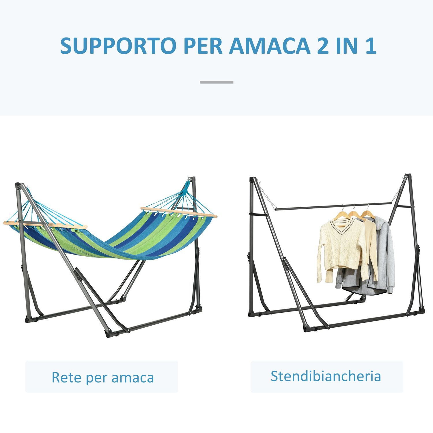 Supporto con amaca autoportante pieghevole in cotone e acciaio, 270x100x94cm - 