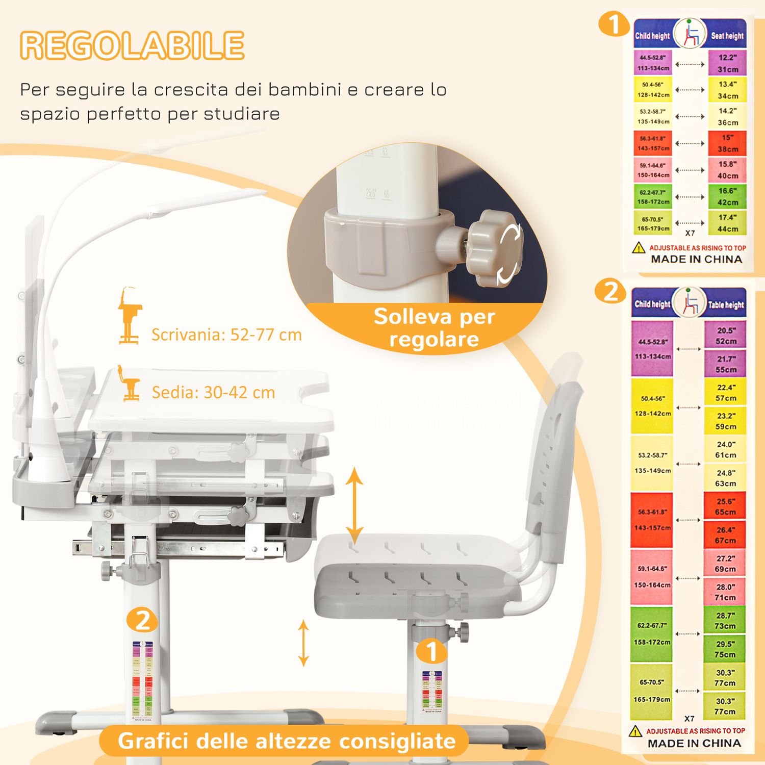 Banco scuola con sedia per bambini 6-12 anni con altezza e inclinazione regolabile, grigio - 