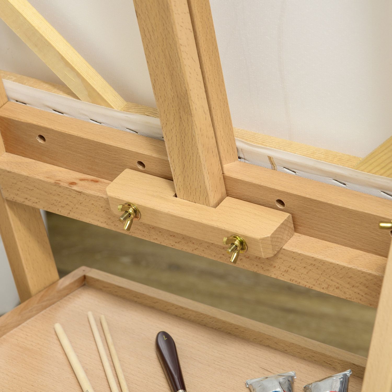 Cavalletto da pittore ad altezza regolabile con cassetto, in legno di faggio, 43.5x43x150-190 cm - 