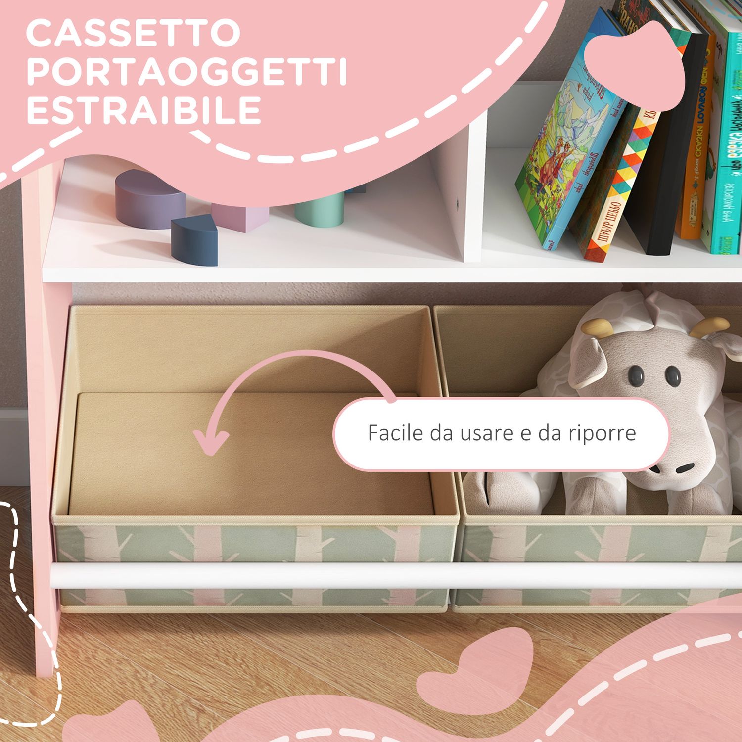 Scaffale portagiochi per bambini con ripiani e cassetti rimovibili, rosa - 