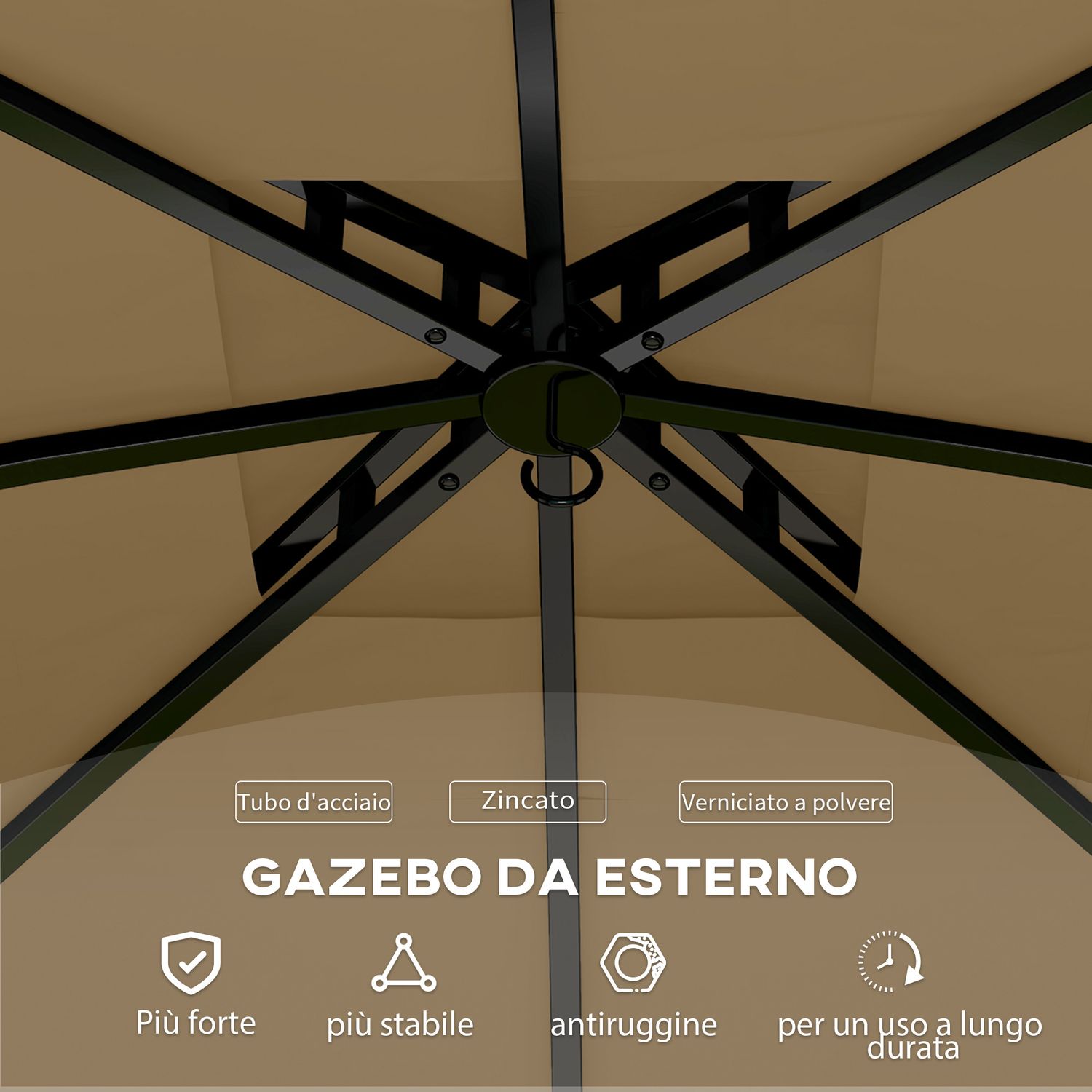Gazebo da giardino 3.4x3.4m con pareti, protezione uv e tetto a 2 livelli, beige - 