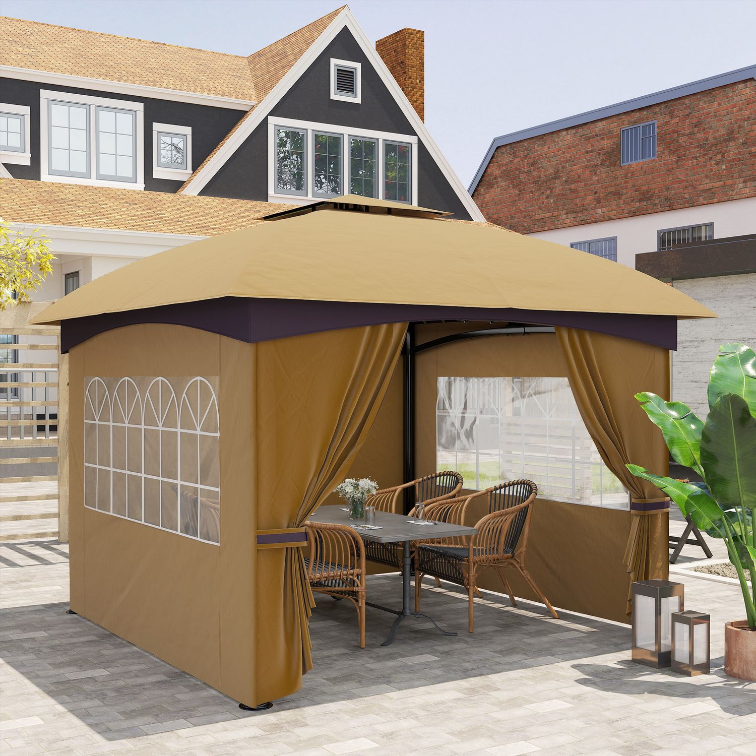 Gazebo da giardino 3.4x3.4m con pareti, protezione uv e tetto a 2 livelli, beige - 
