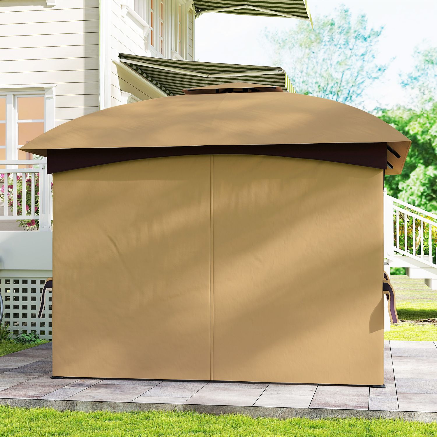 Gazebo da giardino 3.4x3.4m con pareti, protezione uv e tetto a 2 livelli, beige - 