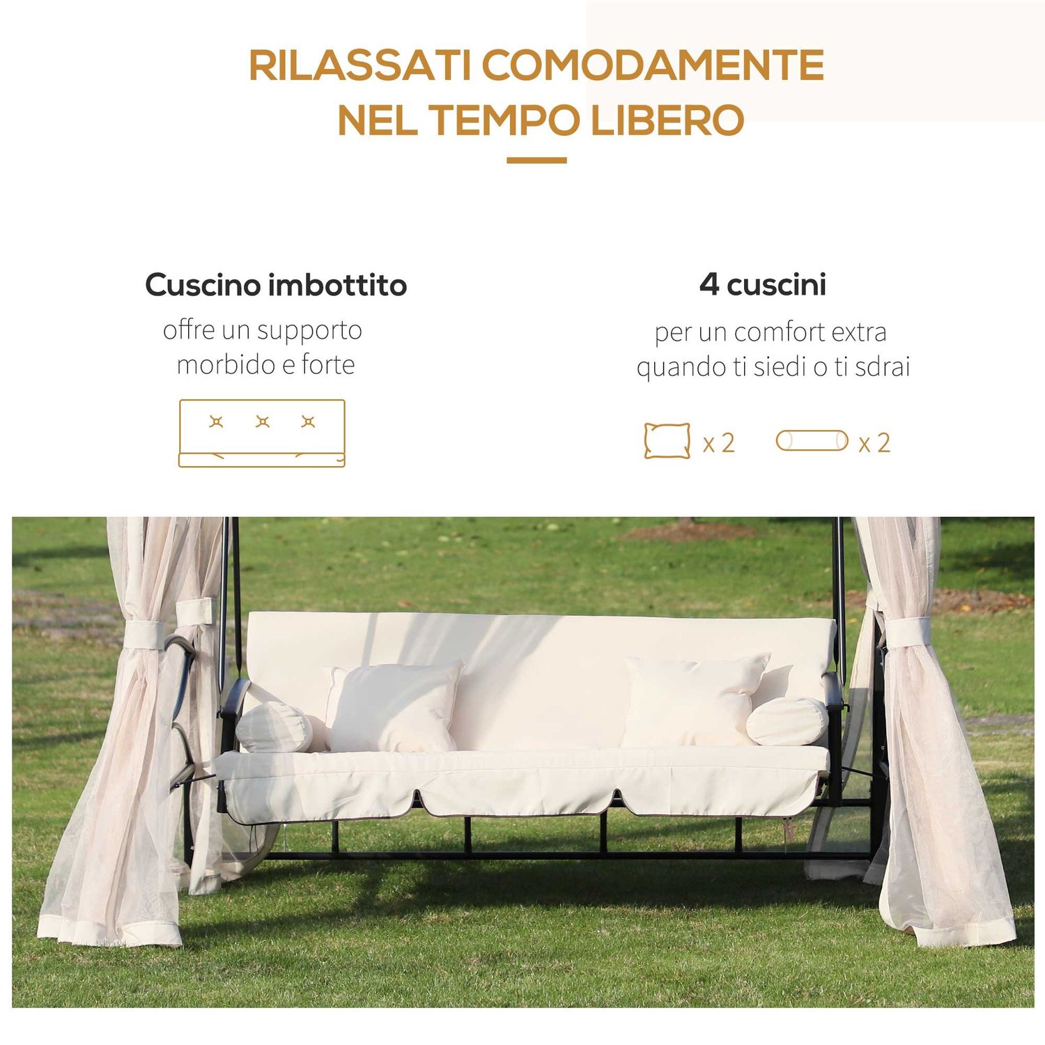 Dondolo 3 posti e lettino singolo copertura a gazebo con zanzariera e cuscini 256x172x248cm crema - 