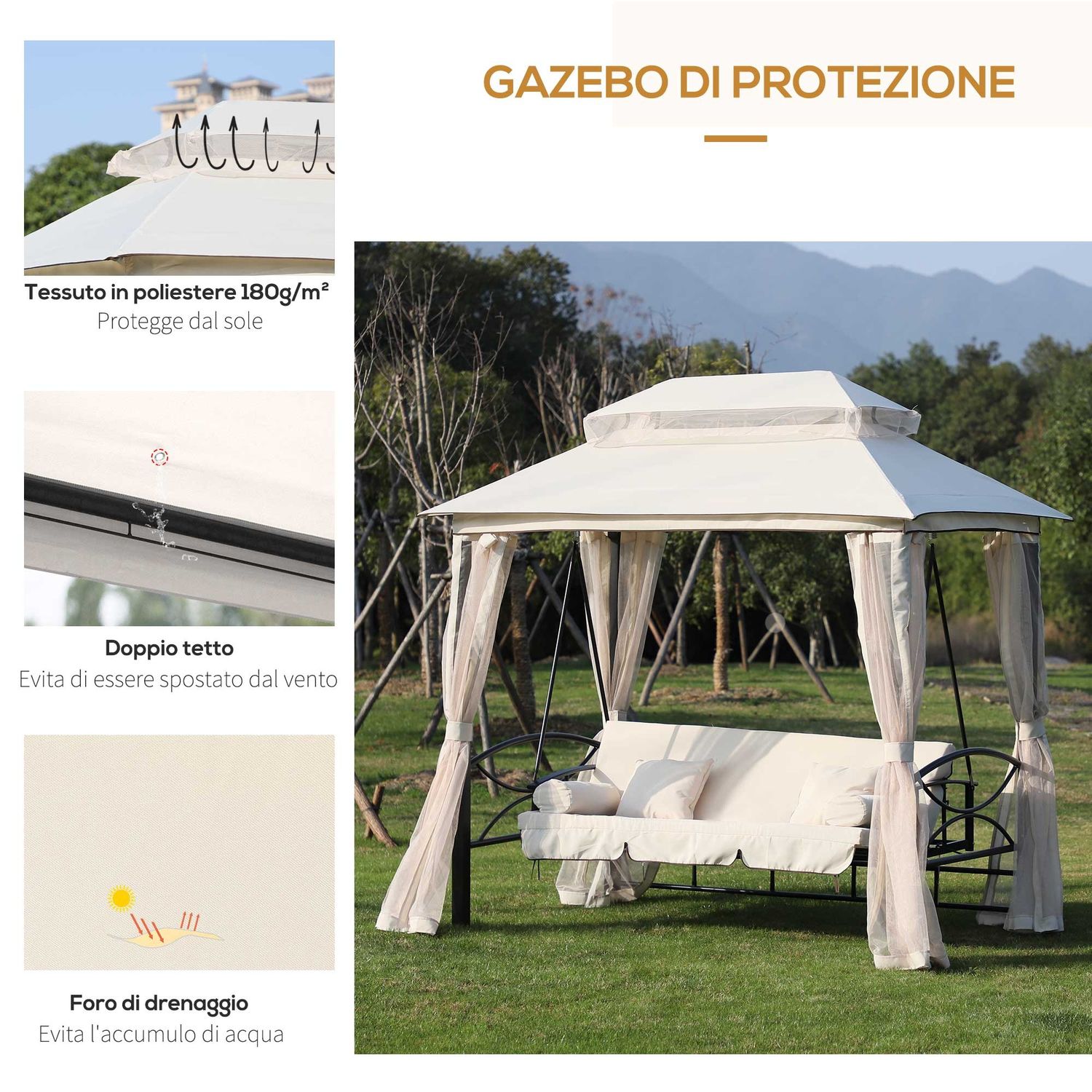 Dondolo 3 posti e lettino singolo copertura a gazebo con zanzariera e cuscini 256x172x248cm crema - 