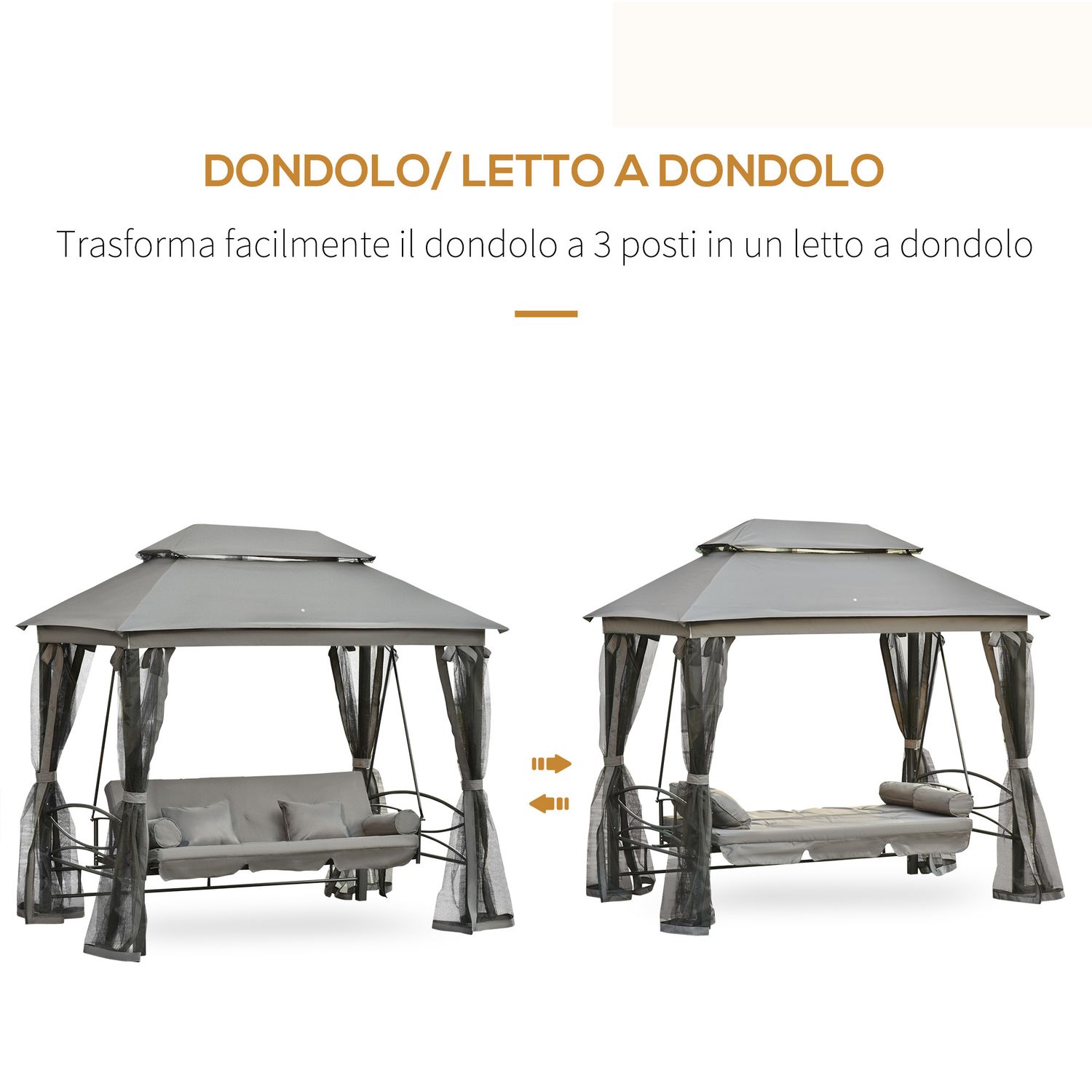 Dondolo da giardino 3 posti lettino e gazebo design 3 in 1 con tettuccio, 256x172x248 cm, grigio scuro - 