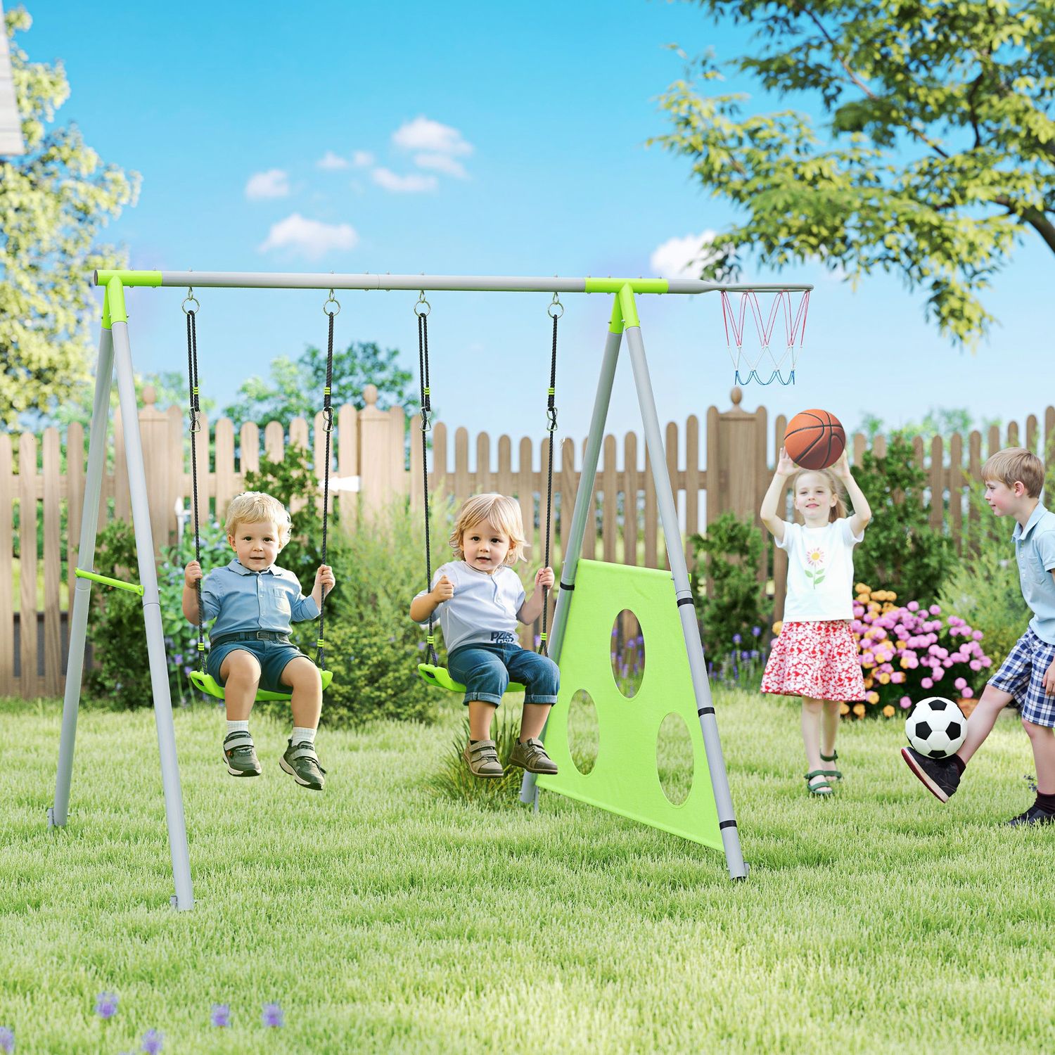 Gioco per bambini 3 in 1 con altalena da giardino, canestro e porta da calcio, 238x180x182 cm,, verde e grigio - 