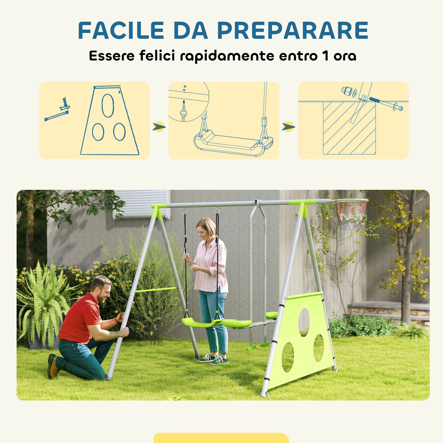 Gioco per bambini 3 in 1 con altalena da giardino, canestro e porta da calcio, 238x180x182 cm,, verde e grigio - 