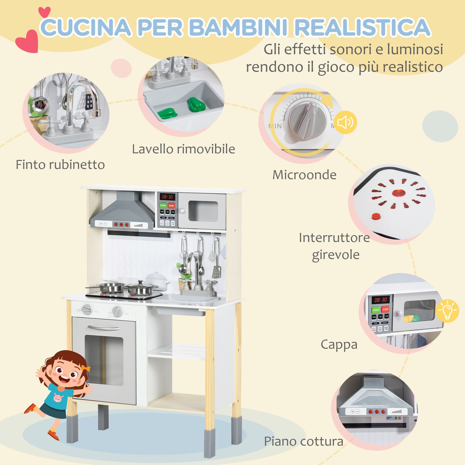 Cucina giocattolo per bambini con altezza regolabile, suoni, luci e utensili, in mdf e pp, 60x30.5x93.2 cm - 