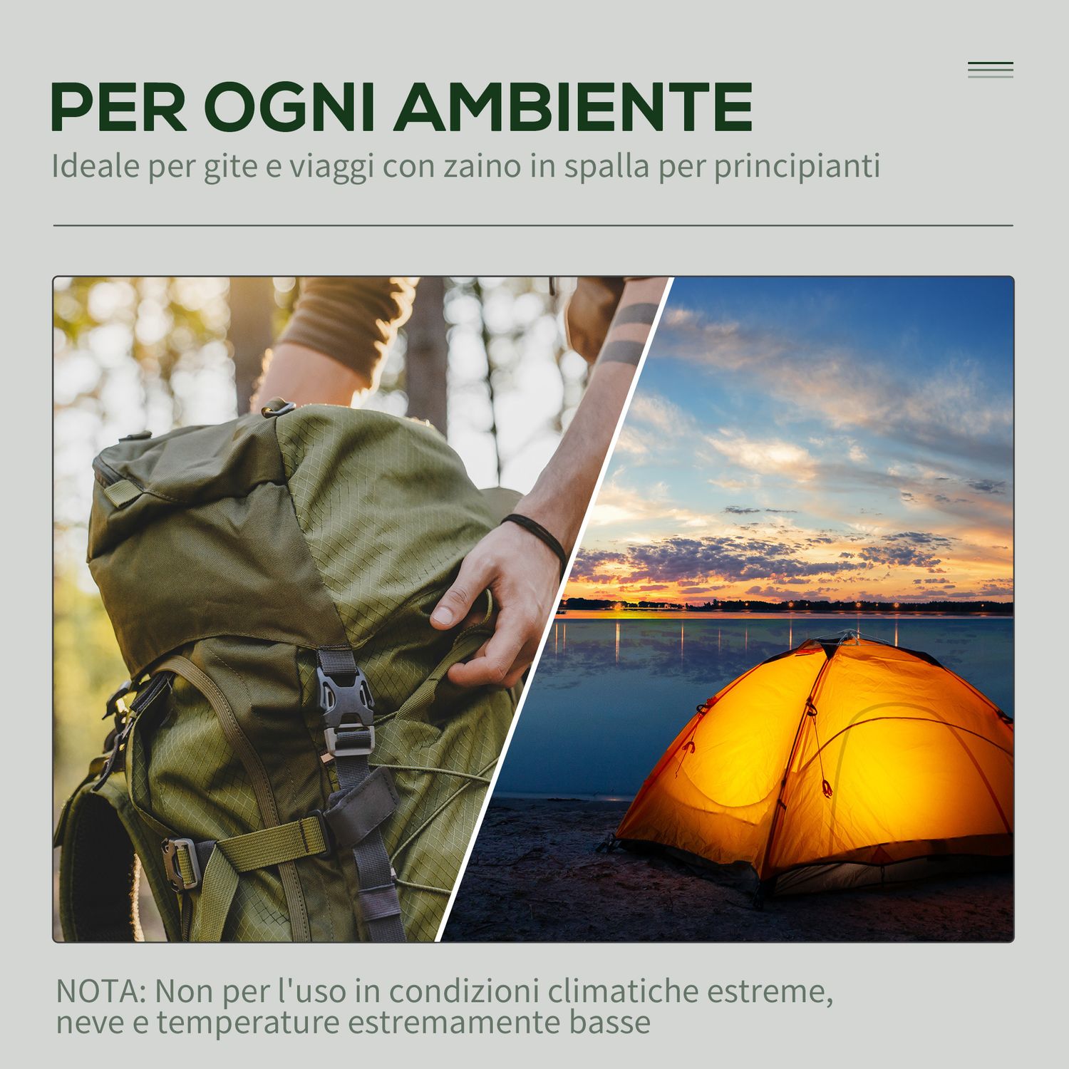 Tenda da campeggio 2 posti con borsa da trasporto, ganci per lampade e tasche portaoggetti, 210x210x135 cm - 