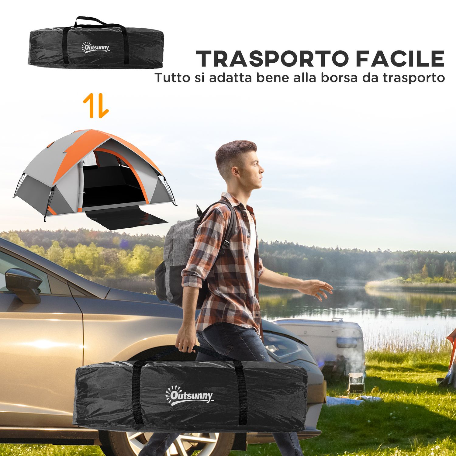 Tenda da campeggio 2 posti con finestra a rete e gancio, in poliestere, 210x150x110 cm, grigio e arancione - 