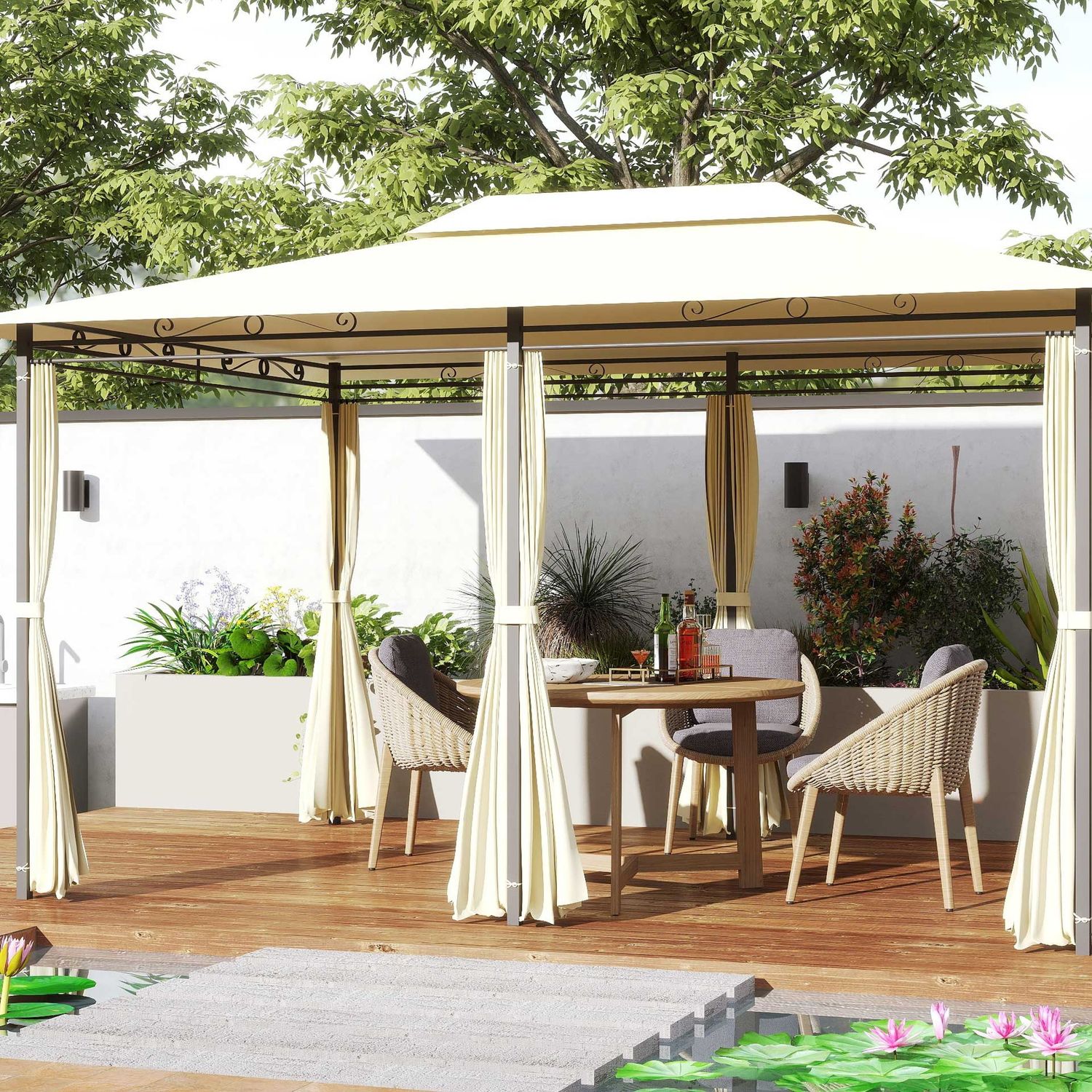 Gazebo da giardino 3x4 m con tende e tetto a 2 livelli bianco crema - 