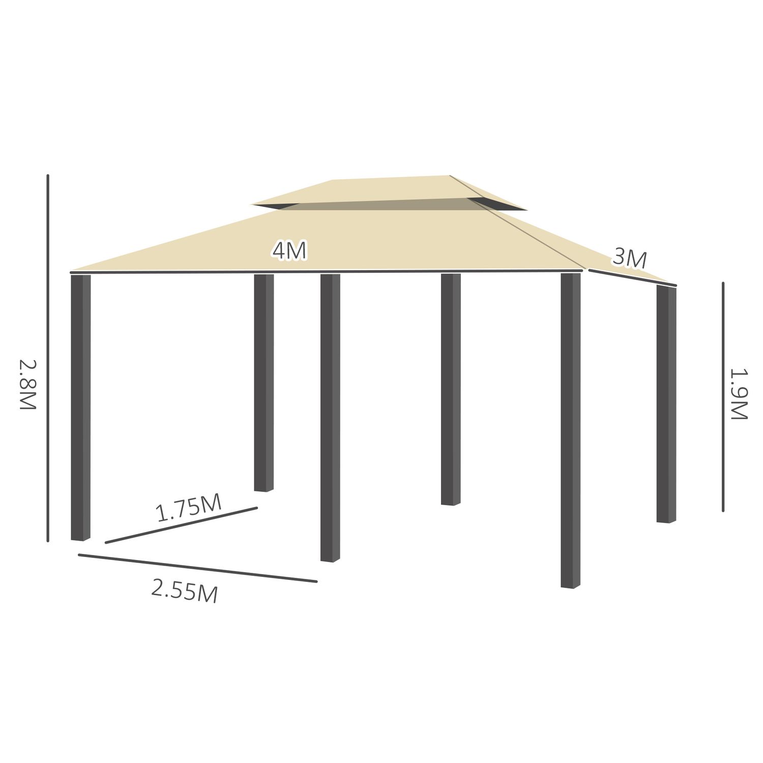 Gazebo da giardino 3x4 m con tende e tetto a 2 livelli bianco crema - 