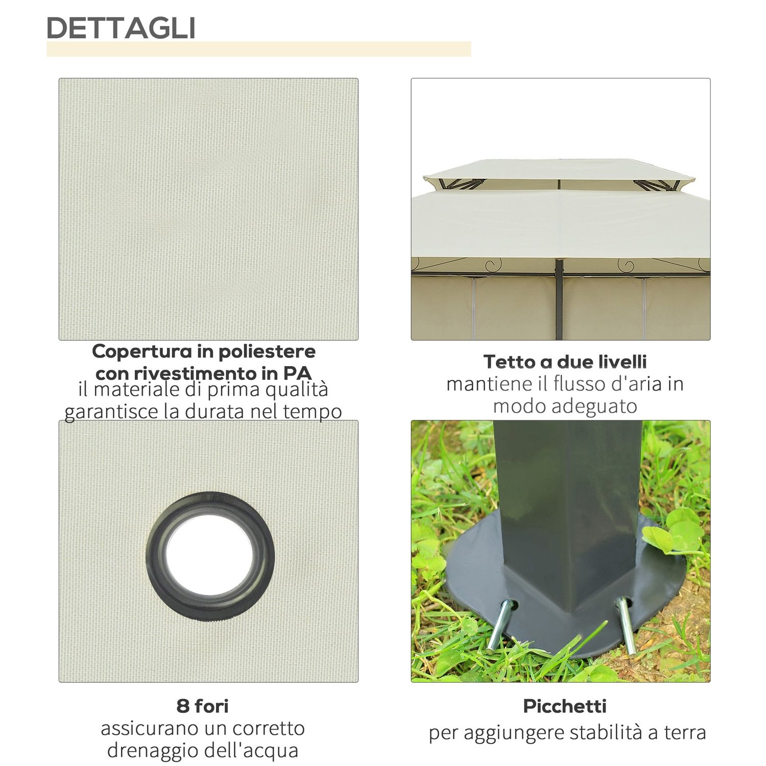 Gazebo da giardino 3x4 m con tende e tetto a 2 livelli bianco crema - 