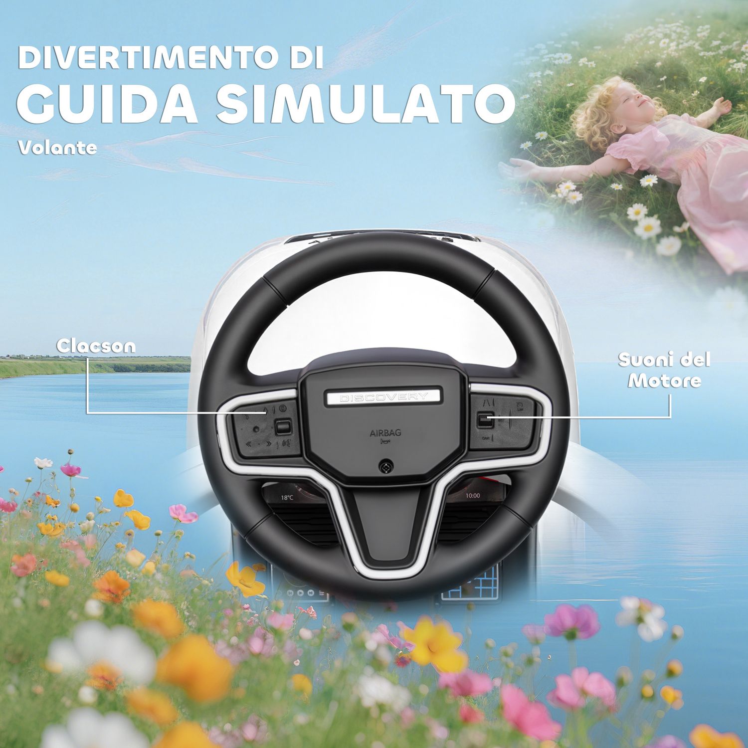 Macchina cavalcabile licenza land rover con maniglia e barriera, in pp e acciaio, 84x40x94.5 cm, bianco - 