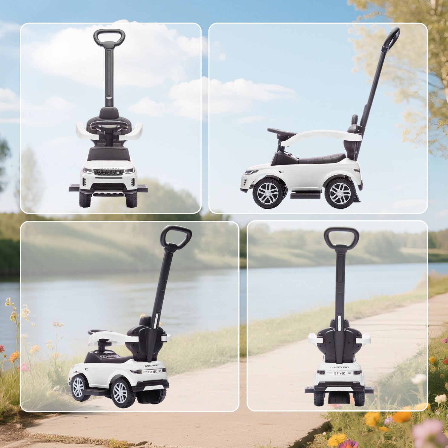 Macchina cavalcabile licenza land rover con maniglia e barriera, in pp e acciaio, 84x40x94.5 cm, bianco - 