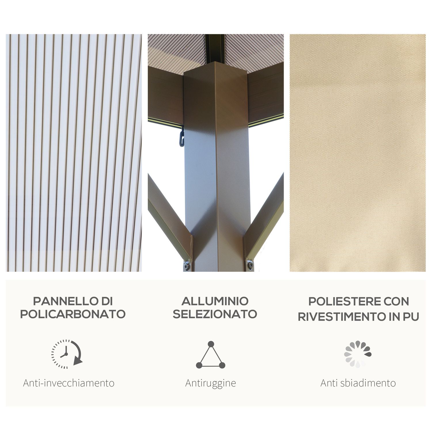 Gazebo da giardino 3x3m con tetto in policarbonato e zanzariere, caffè e khaki - 