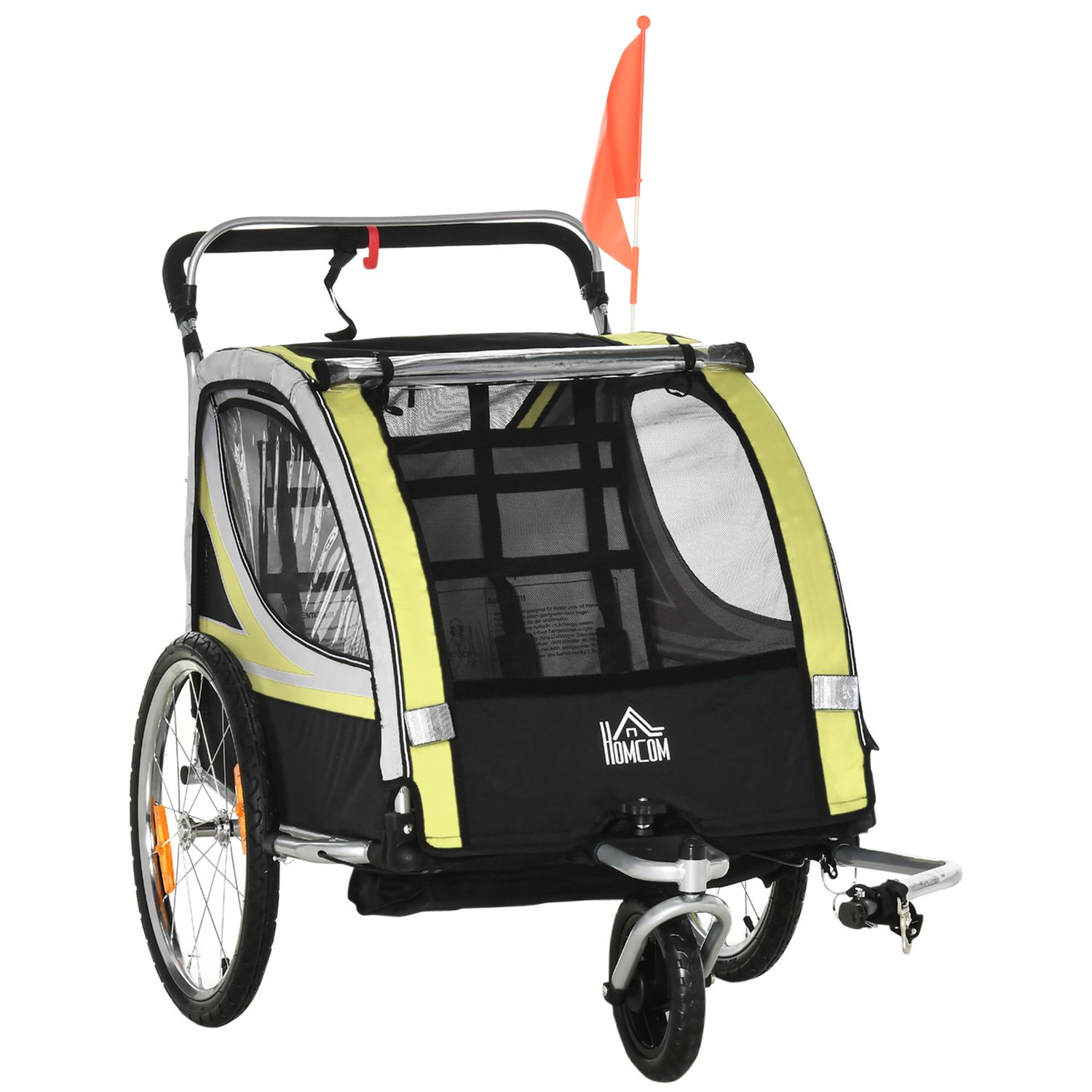 Rimorchio bici 2-in-1 per bimbi/passeggino con freno, cintura 5 punti, tasche, catarifrangenti, bandierina. giallo - 