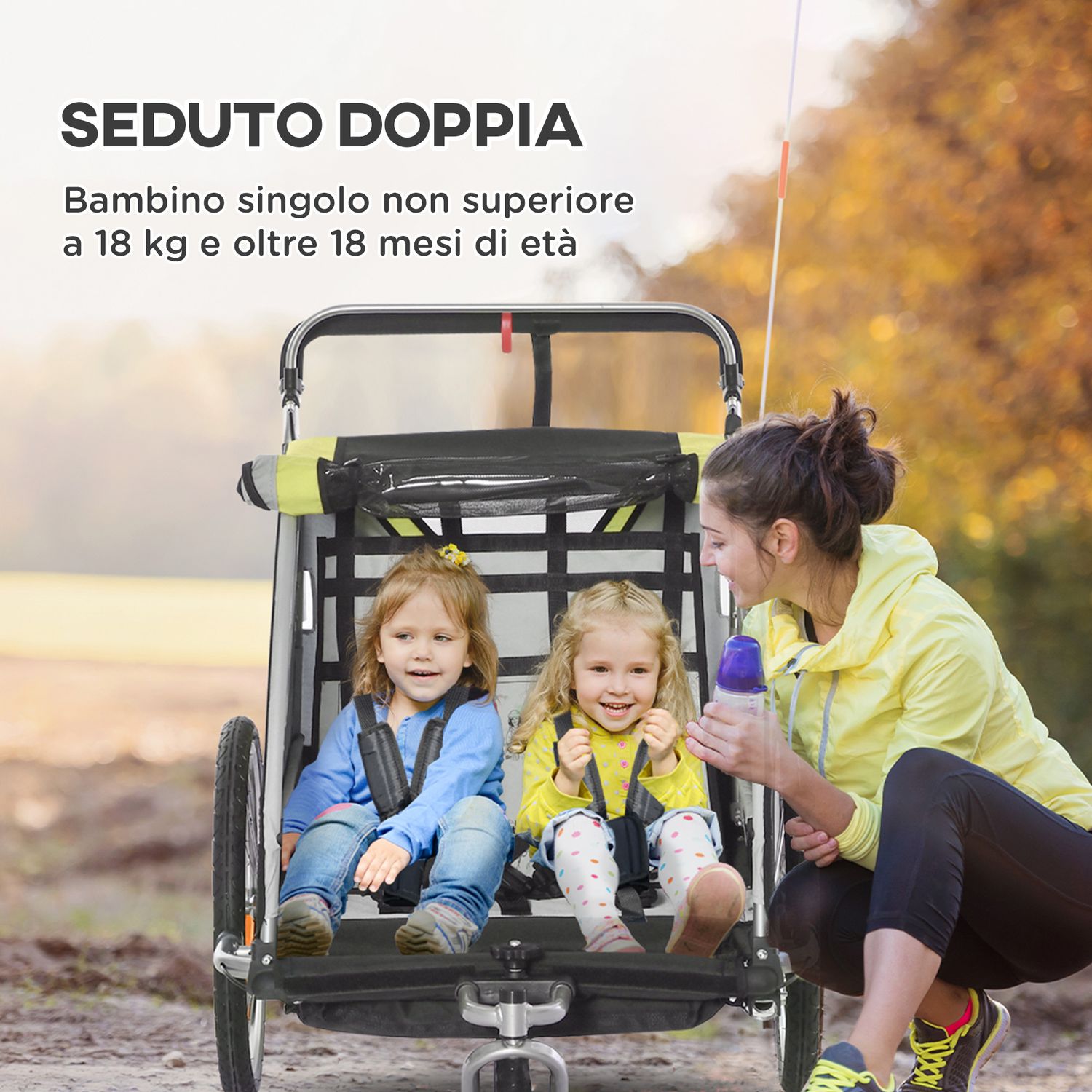 Rimorchio bici 2-in-1 per bimbi/passeggino con freno, cintura 5 punti, tasche, catarifrangenti, bandierina. giallo - 