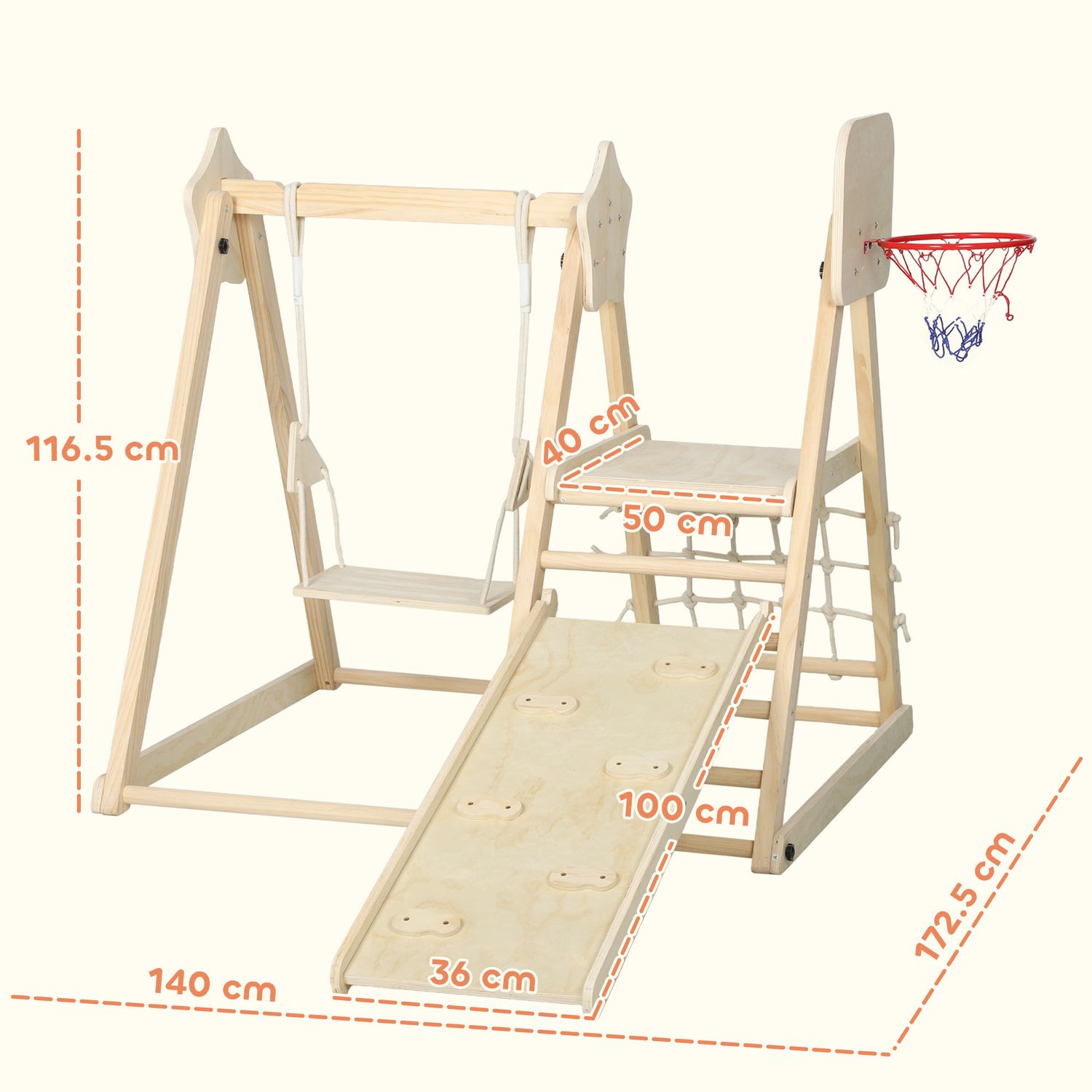 Gioco arrampicata 5 in 1 pieghevole con scivolo, 2 pareti, altalena e canestro, in legno, 140x172.5x116.5 cm - 