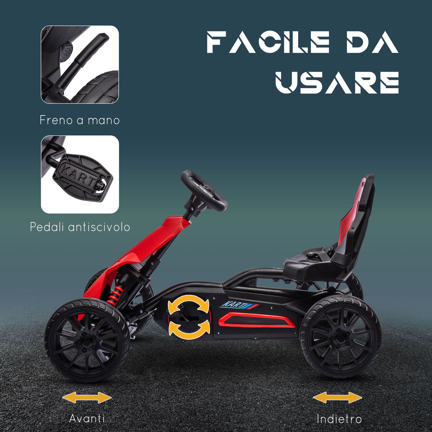 Go kart a pedali per bambini 3-8 anni con sedile regolabile e ruote in eva, 100x58x58.5 cm, rosso nero - 