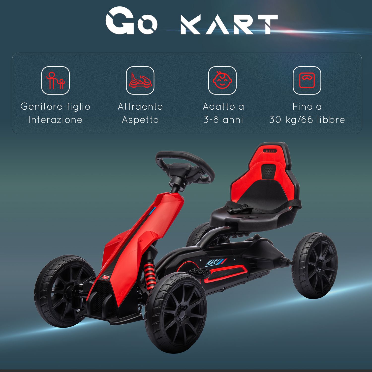 Go kart a pedali per bambini 3-8 anni con sedile regolabile e ruote in eva, 100x58x58.5 cm, rosso nero - 
