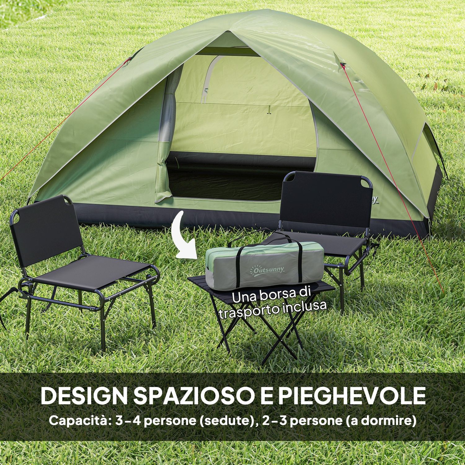 Tenda da campeggio per 3 persone impermeabile con tasche, gancio per lanterna e borsa di trasporto, verde - 