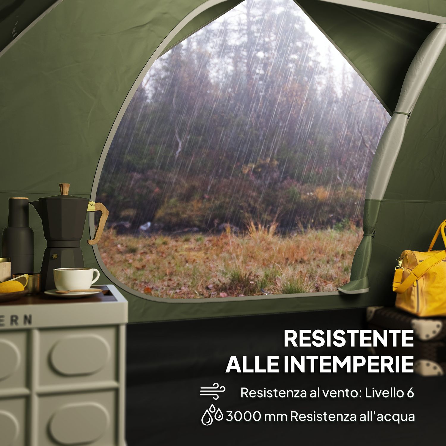 Tenda da campeggio per 3 persone impermeabile con tasche, gancio per lanterna e borsa di trasporto, verde - 