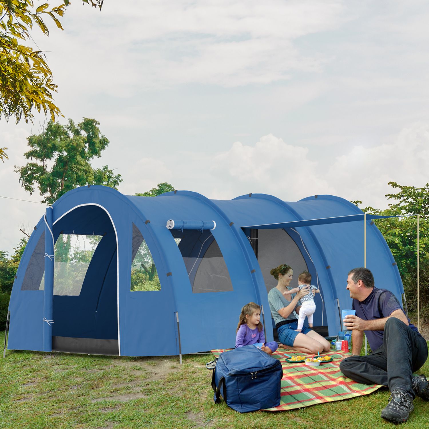 Tenda da campeggio per 5-6 persone con 2 porte, finestre e tasche portaoggetti, 475x315x215 cm, blu - 