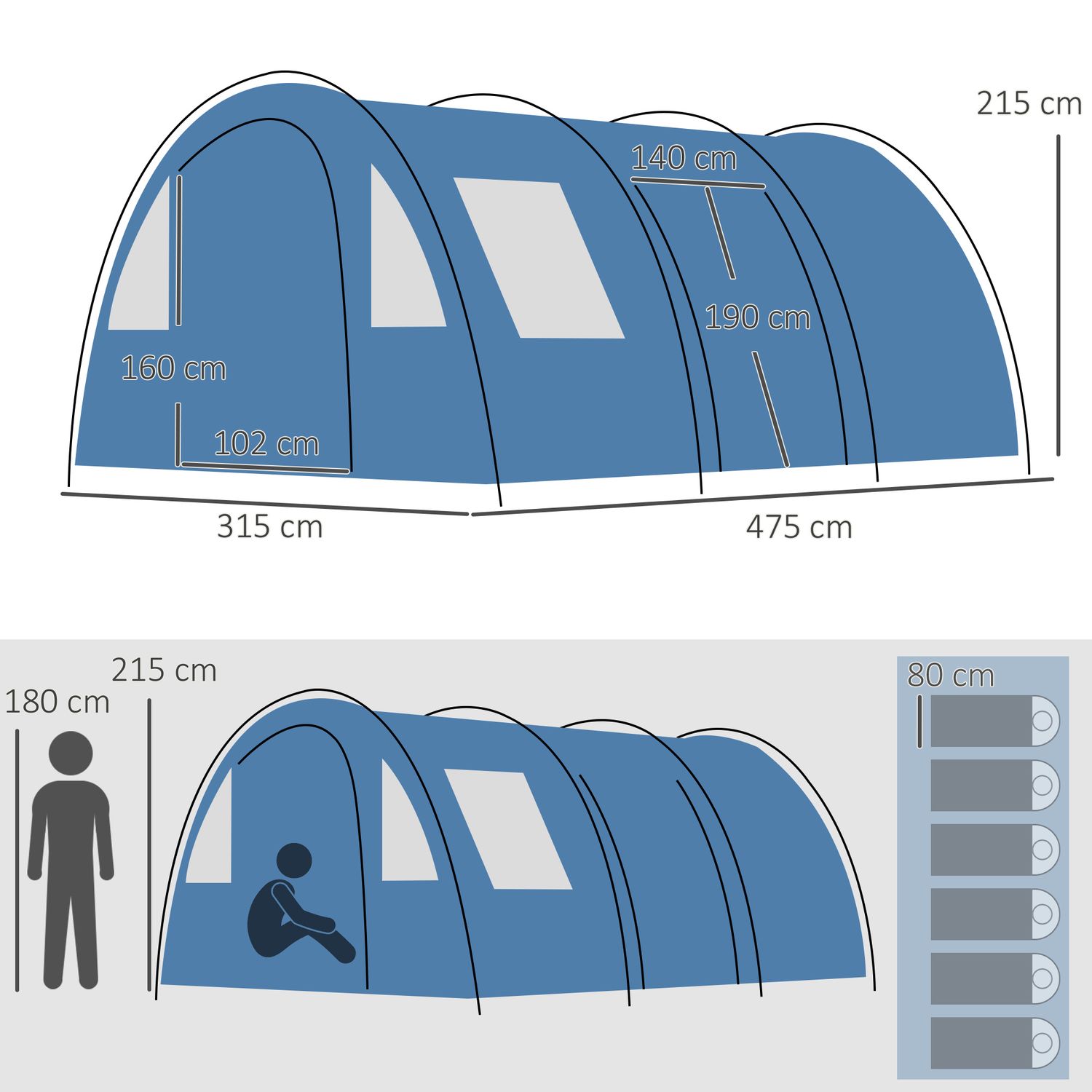 Tenda da campeggio per 5-6 persone con 2 porte, finestre e tasche portaoggetti, 475x315x215 cm, blu - 