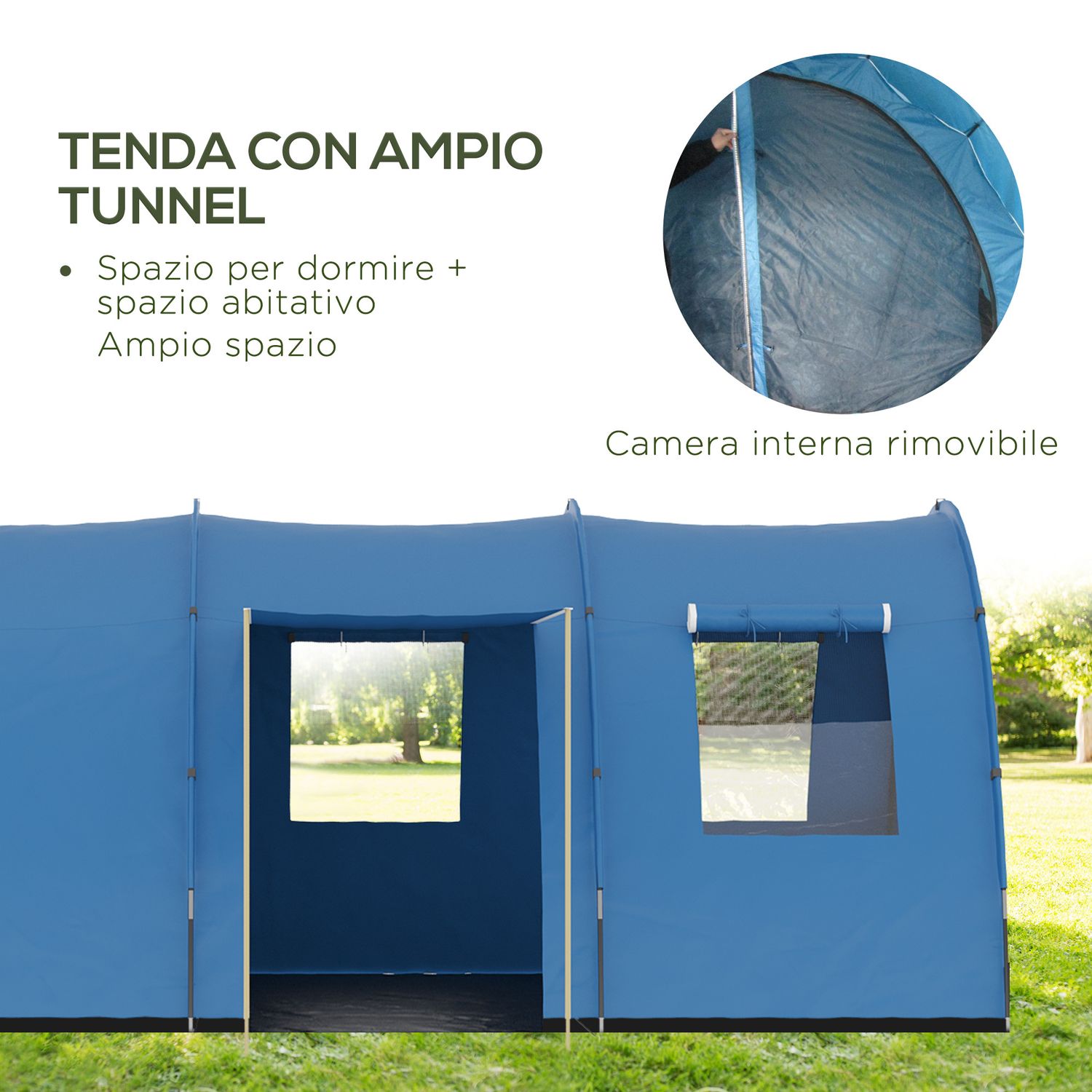 Tenda da campeggio per 5-6 persone con 2 porte, finestre e tasche portaoggetti, 475x315x215 cm, blu - 