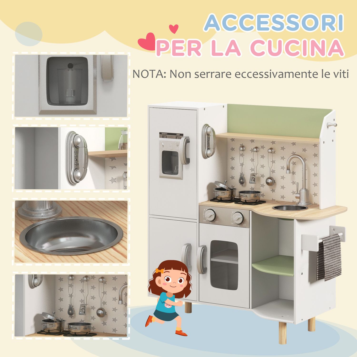 Cucina giocattolo per bambini 3-6 anni con macchina del ghiaccio e utensili, 84x34x89 cm, bianco e verde - 