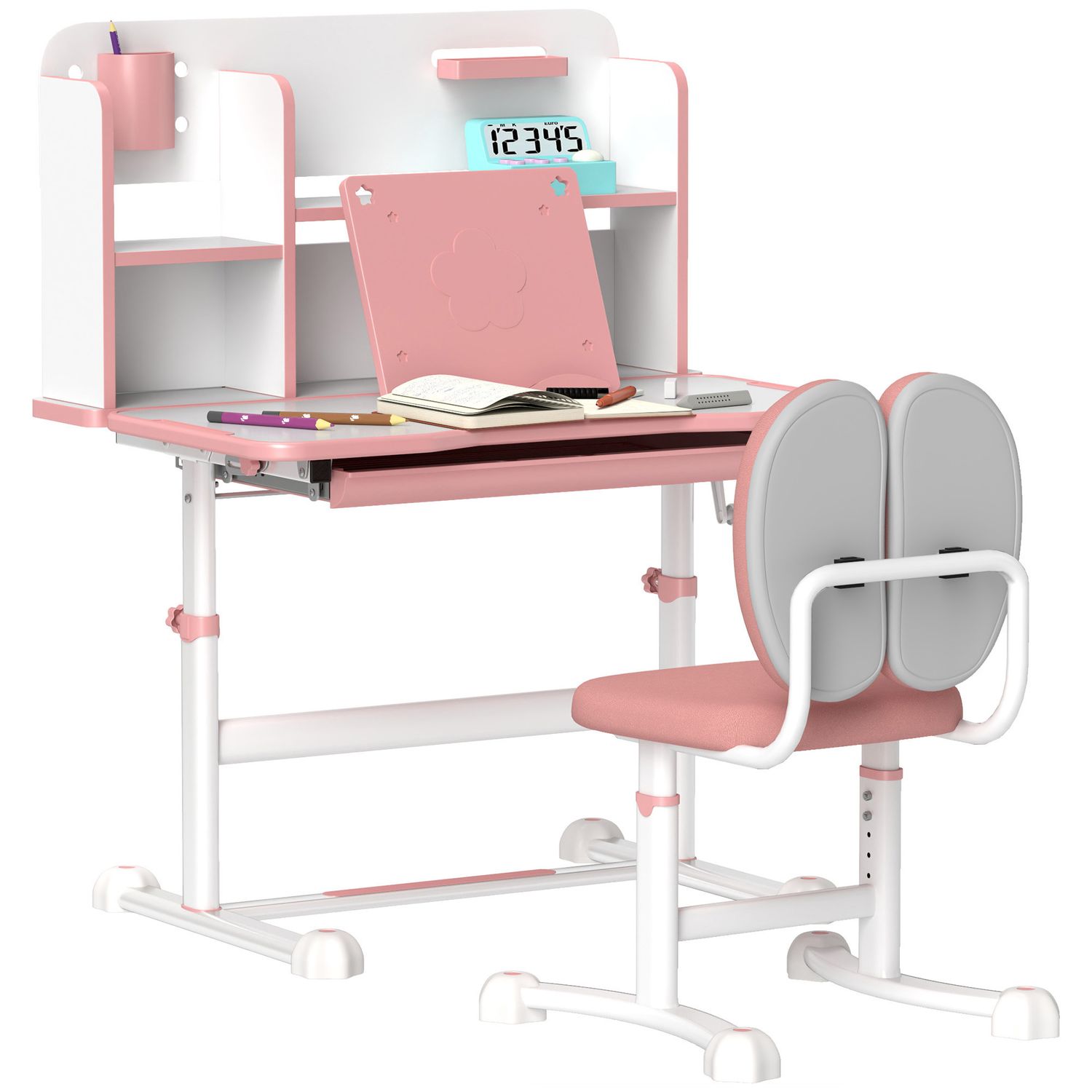 Set scrivania e sedia per bambini regolabili, banco scuola con piano inclinabile, cassetto, scaffale, rosa - 