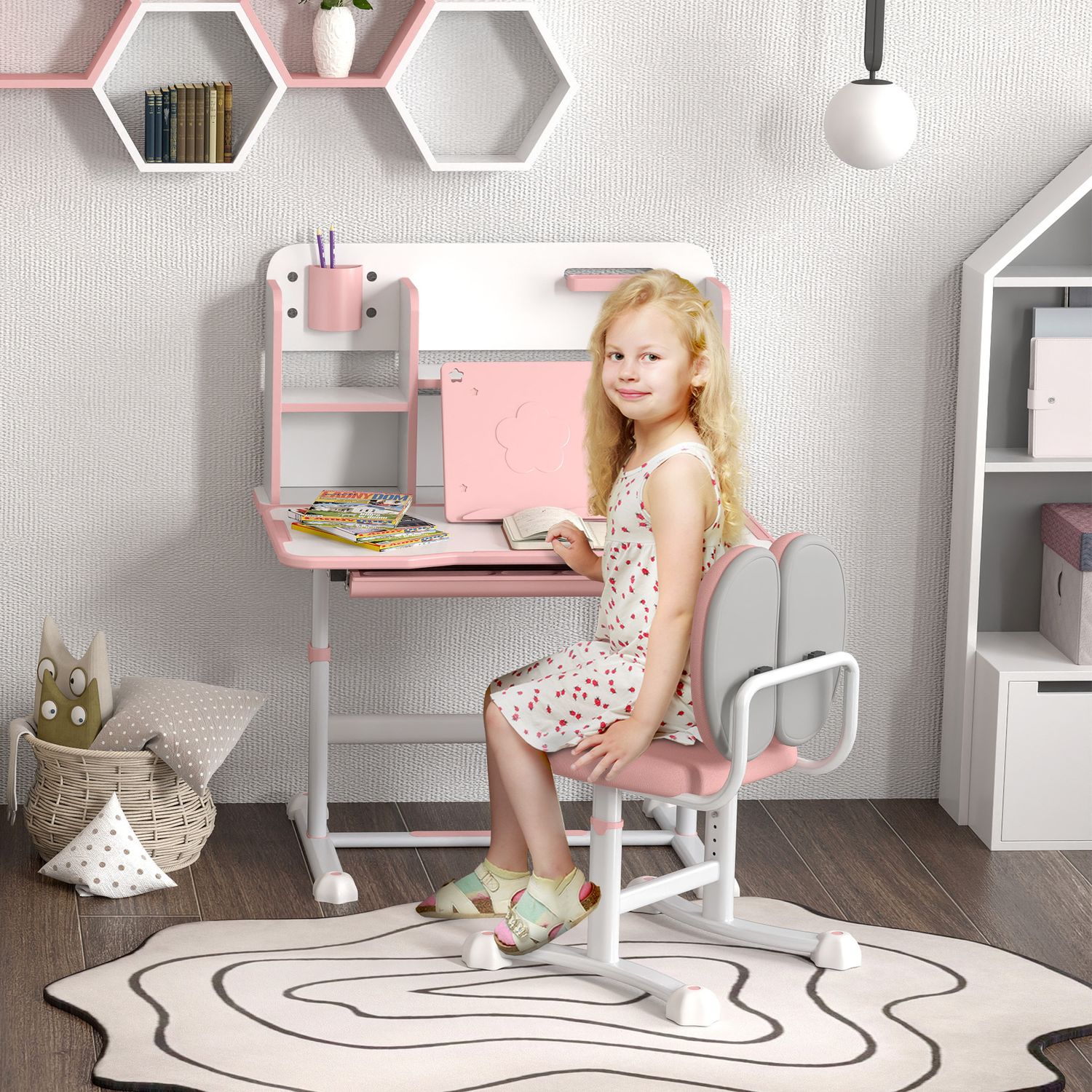 Set scrivania e sedia per bambini regolabili, banco scuola con piano inclinabile, cassetto, scaffale, rosa - 