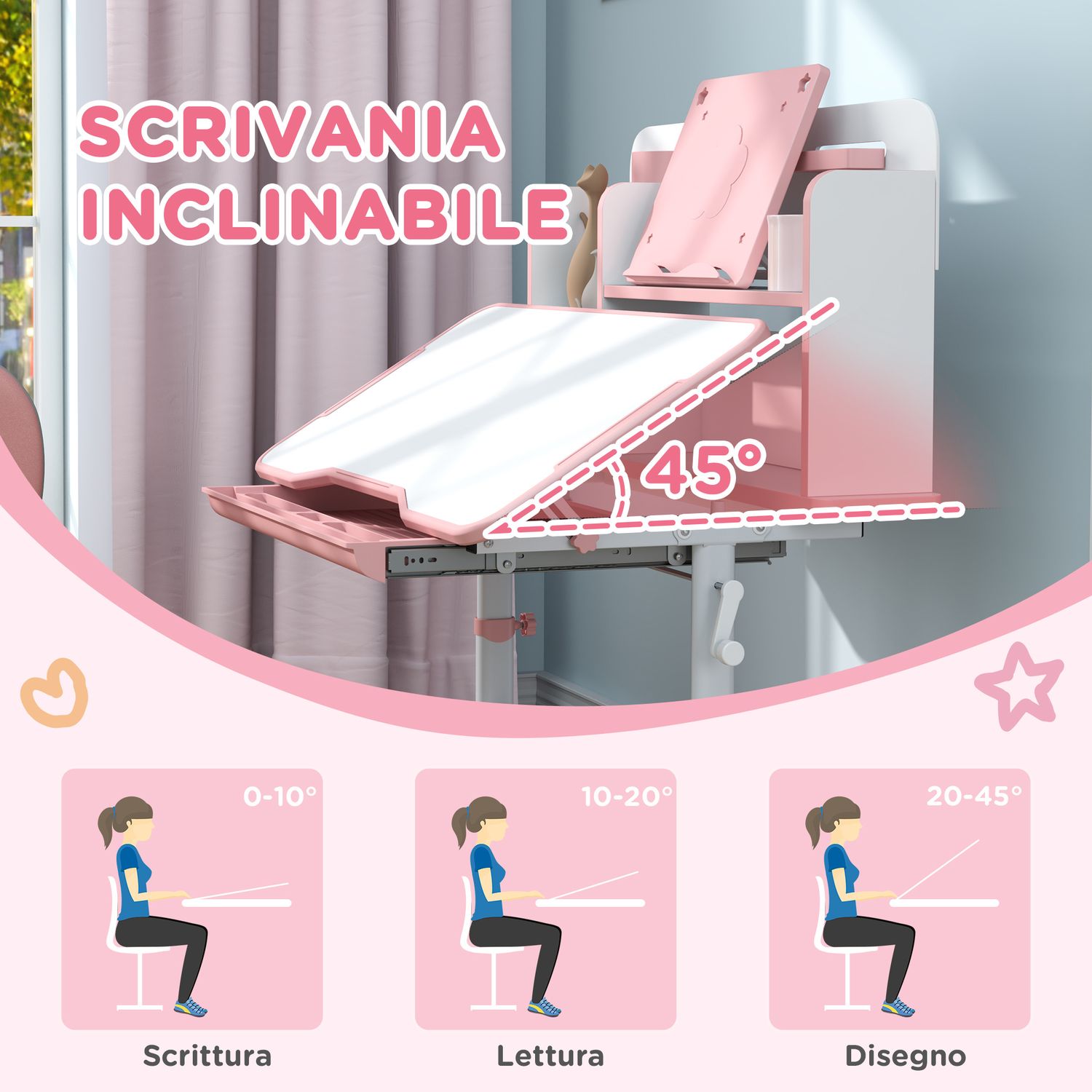 Set scrivania e sedia per bambini regolabili, banco scuola con piano inclinabile, cassetto, scaffale, rosa - 