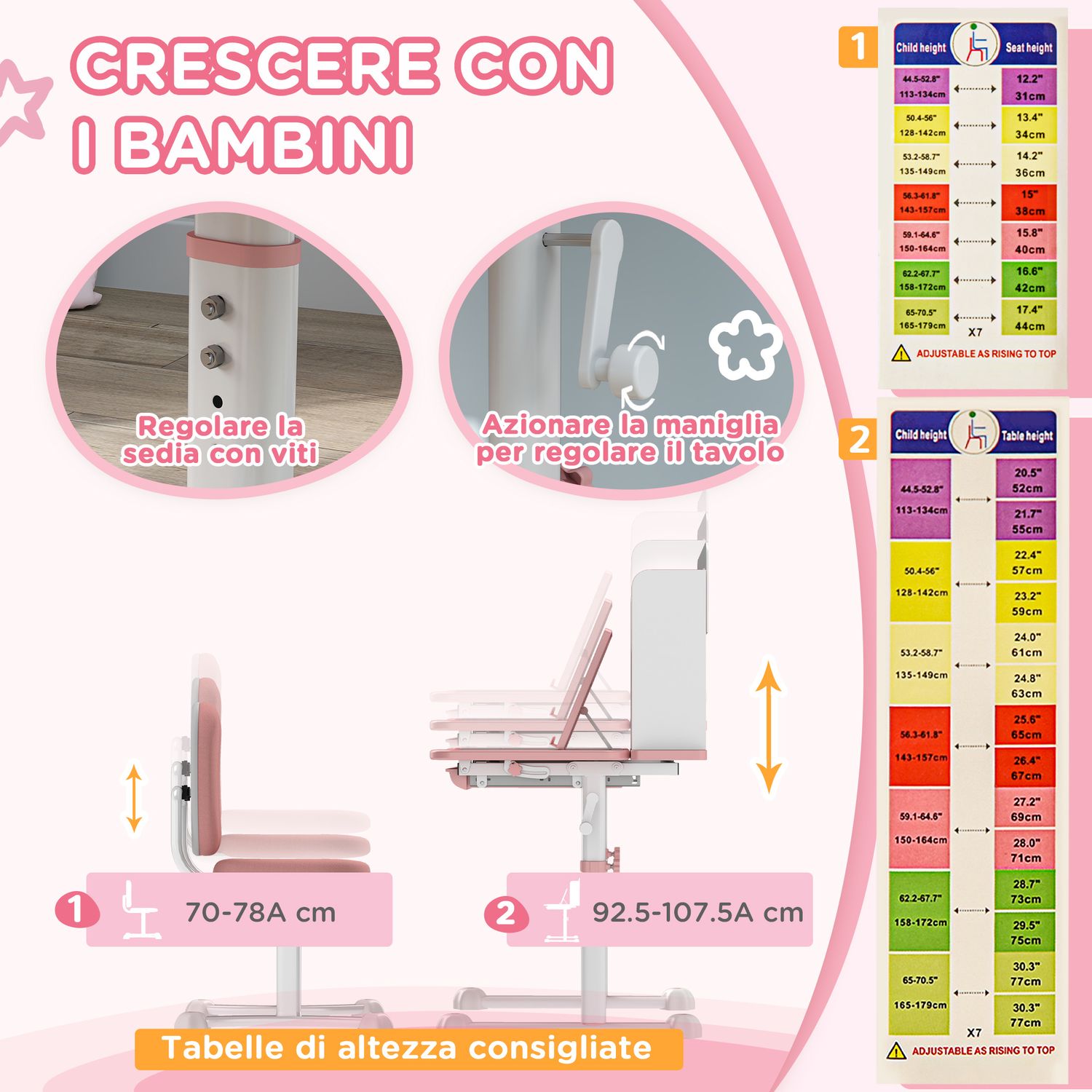 Set scrivania e sedia per bambini regolabili, banco scuola con piano inclinabile, cassetto, scaffale, rosa - 