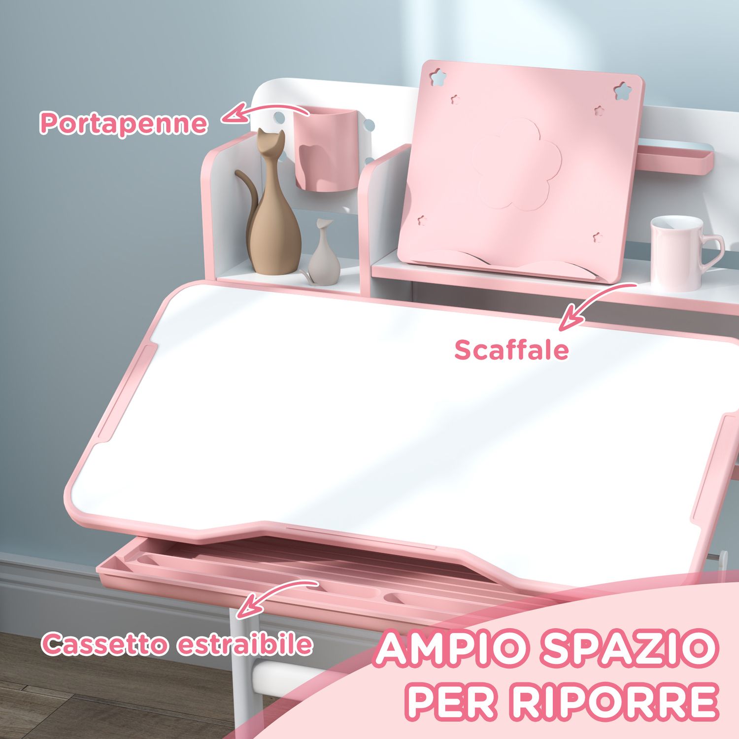 Set scrivania e sedia per bambini regolabili, banco scuola con piano inclinabile, cassetto, scaffale, rosa - 
