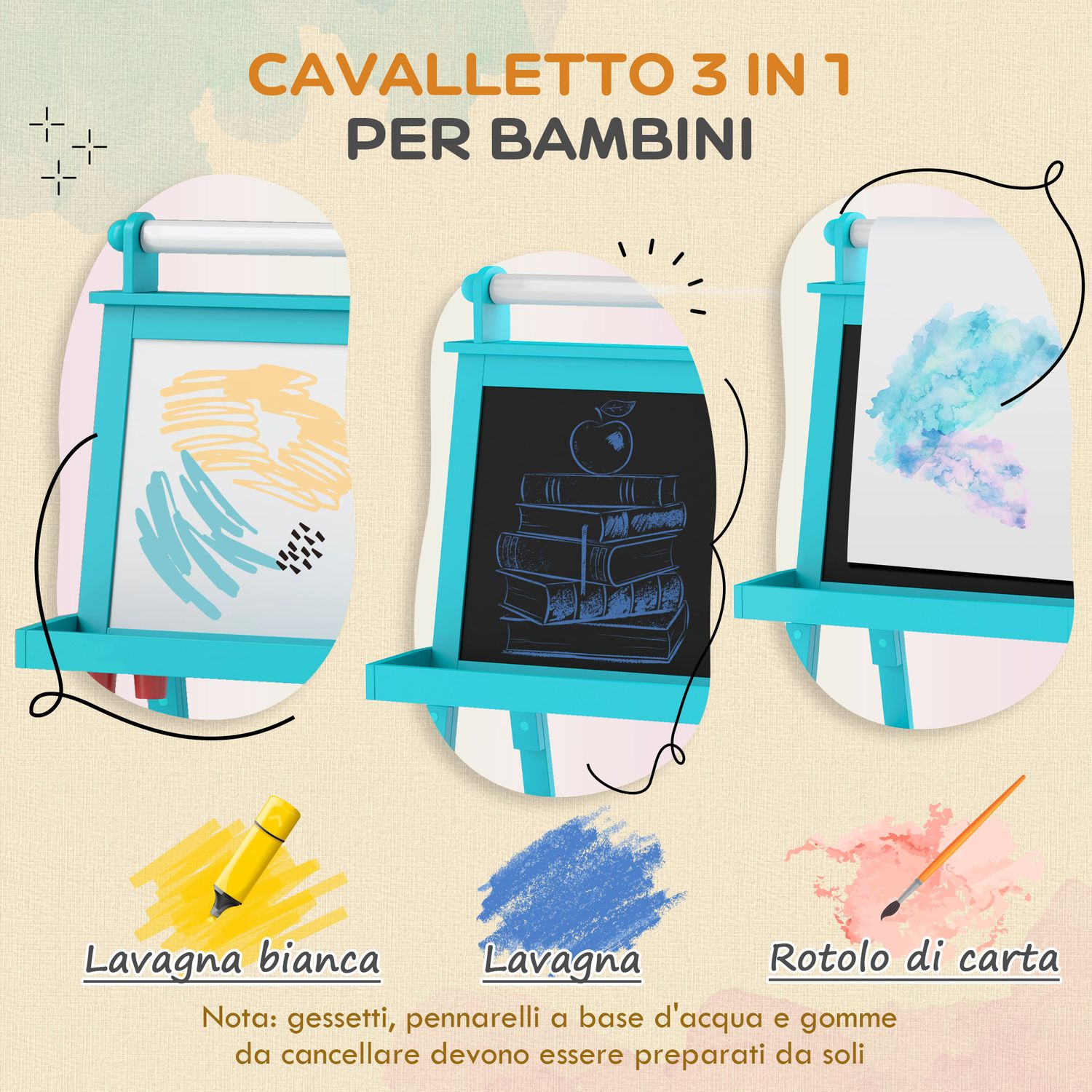Lavagna per bambini con cavalletto 3 in 1, rotolo di carta e 2 contenitori, in legno, 59x48x118 cm, blu - 
