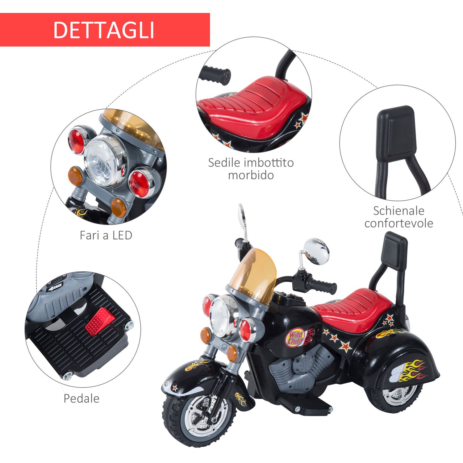 Mini moto elettrica per bambini da 37-72 mesi 3 ruote batteria 6v pp ferro, velocità 2.5km/h, 92×53×67cm - 