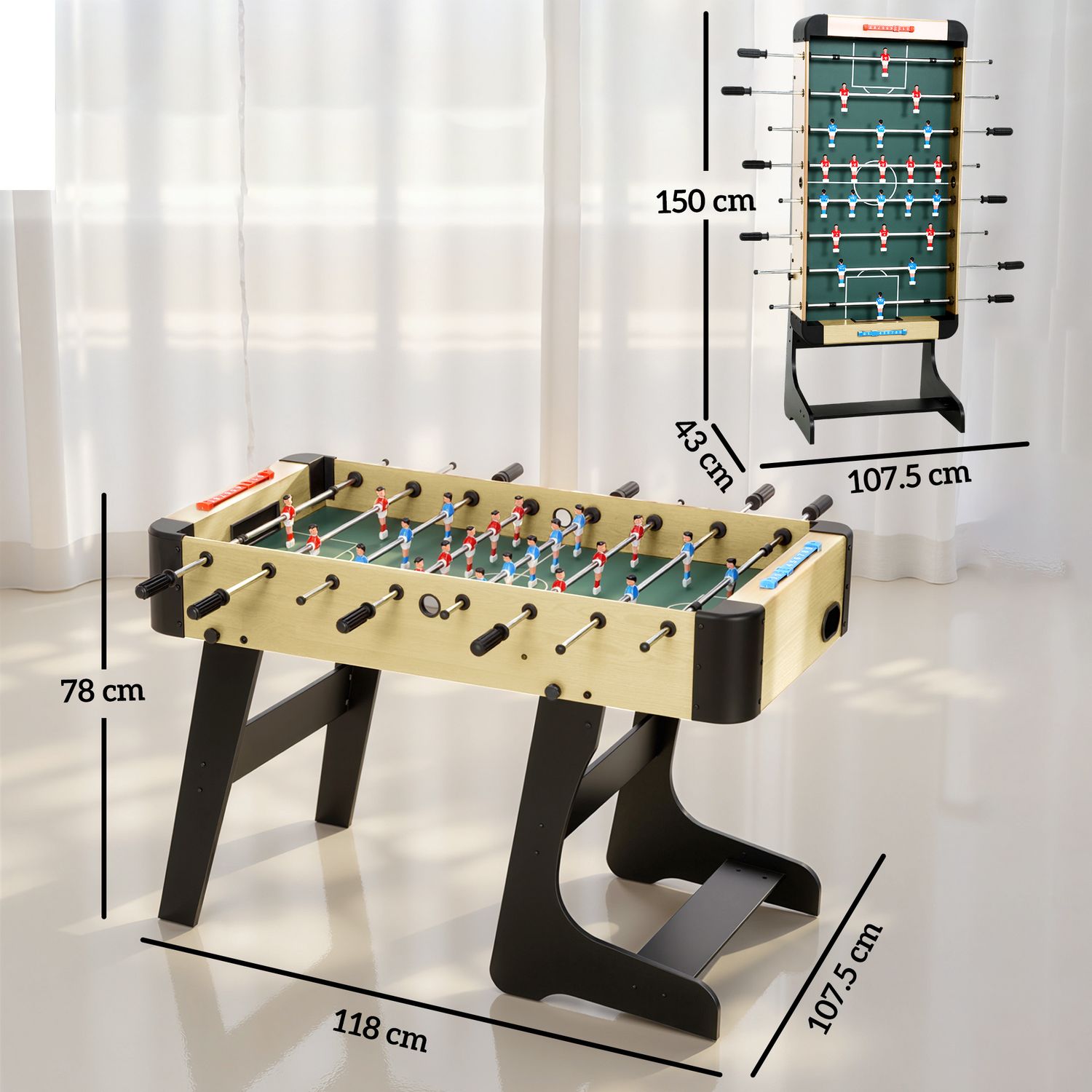 Calcio balilla pieghevole con impugnature antiscivolo, 2 palline e segnapunti, verde e color legno - 