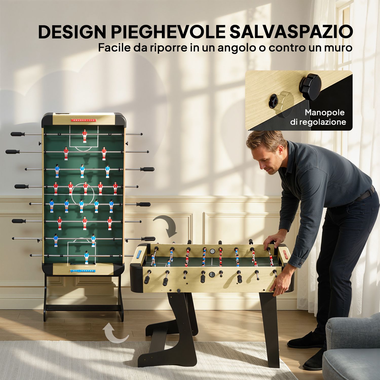 Calcio balilla pieghevole con impugnature antiscivolo, 2 palline e segnapunti, verde e color legno - 