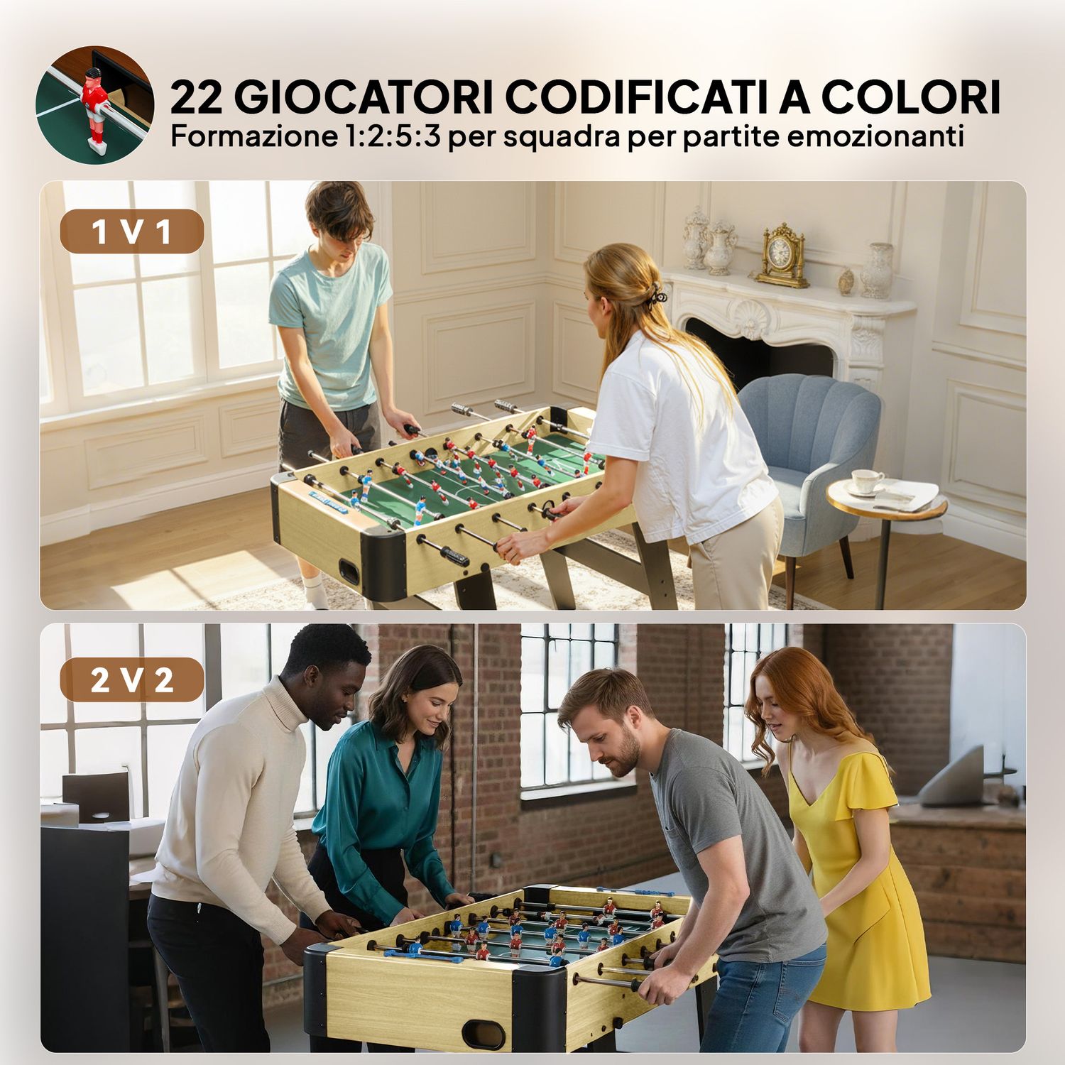 Calcio balilla pieghevole con impugnature antiscivolo, 2 palline e segnapunti, verde e color legno - 