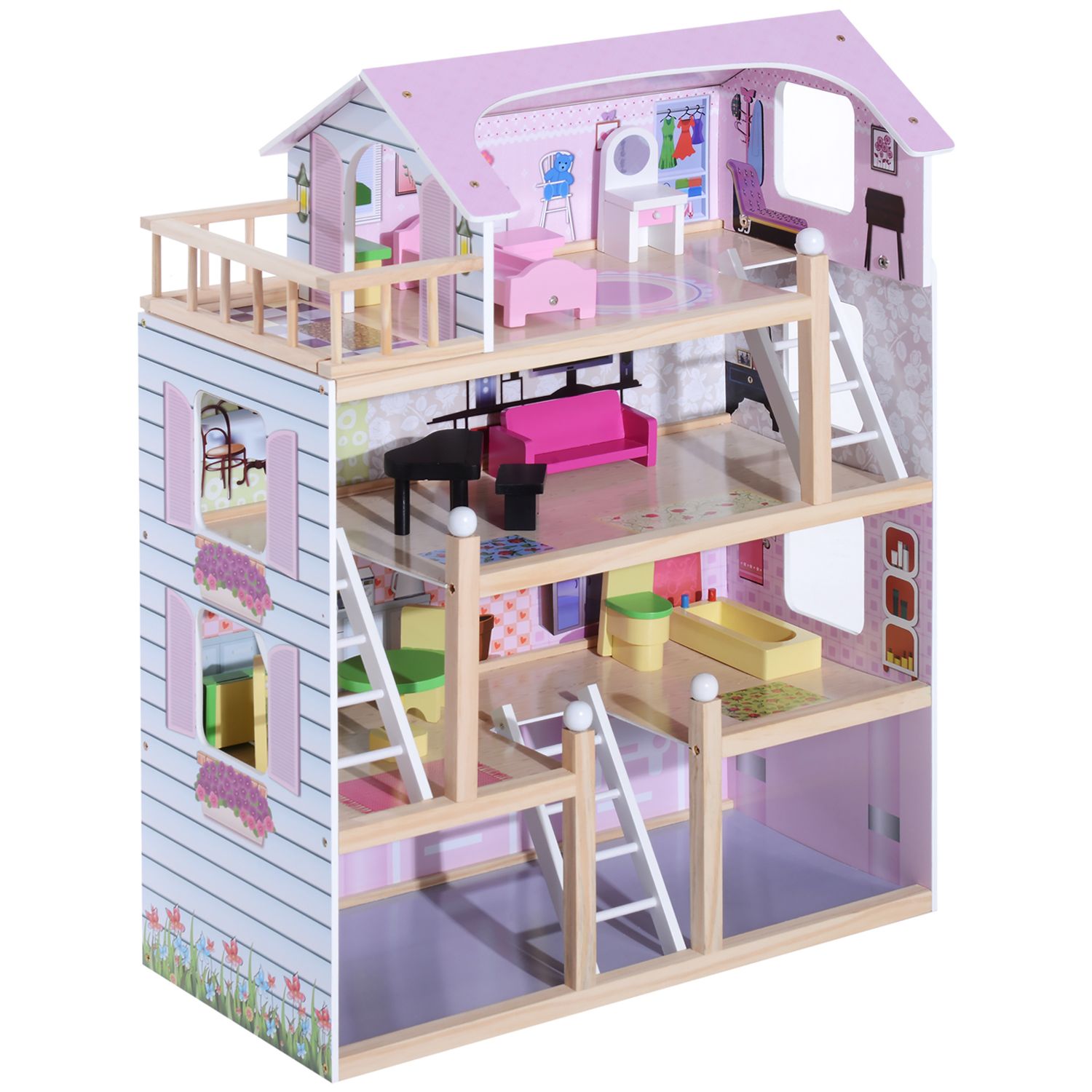 Casa delle bambole per bambini 3+ anni in legno di pino e mdf a 4 piani con 13 accessori, rosa, 60x30x80 cm - 